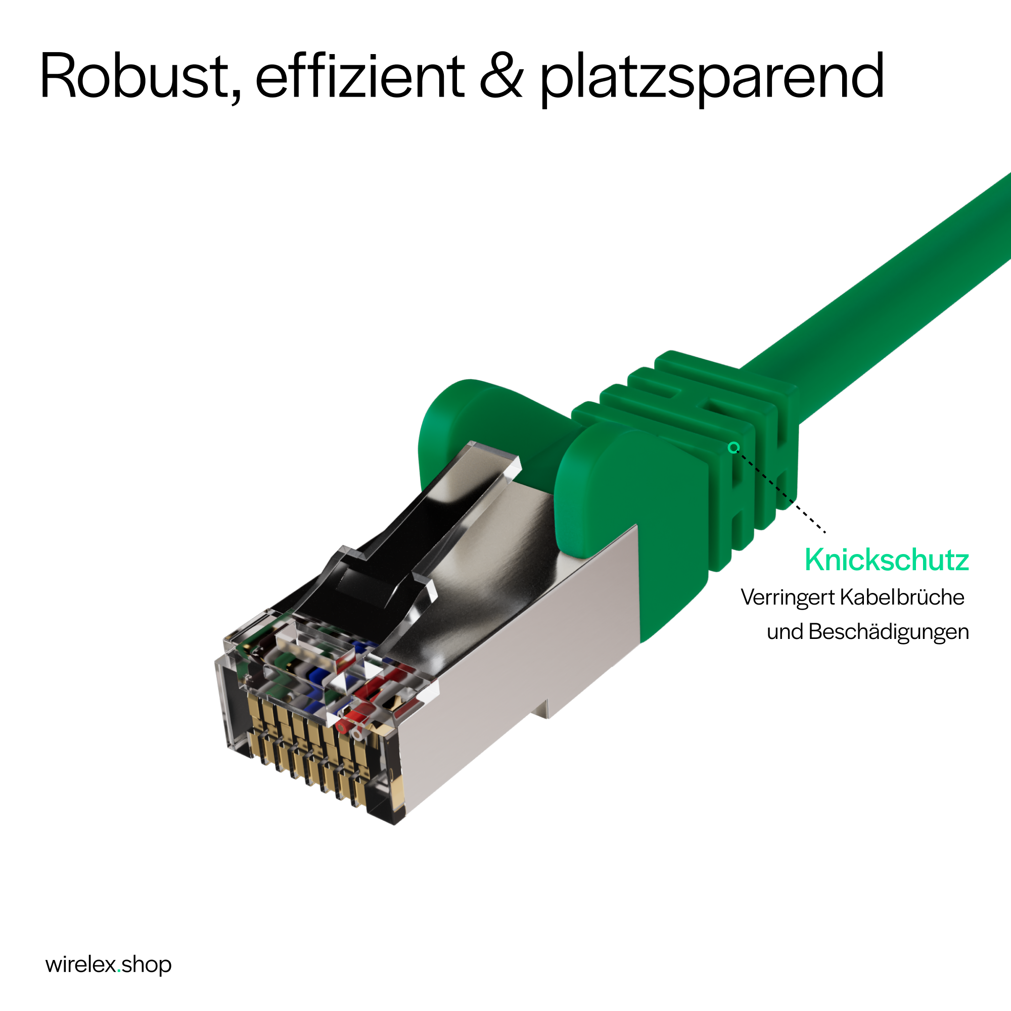 Ein grünes Ethernet-Kabel mit Stecker, das das Design und die Funktionen des Kabels wie Knickschutz zeigt.