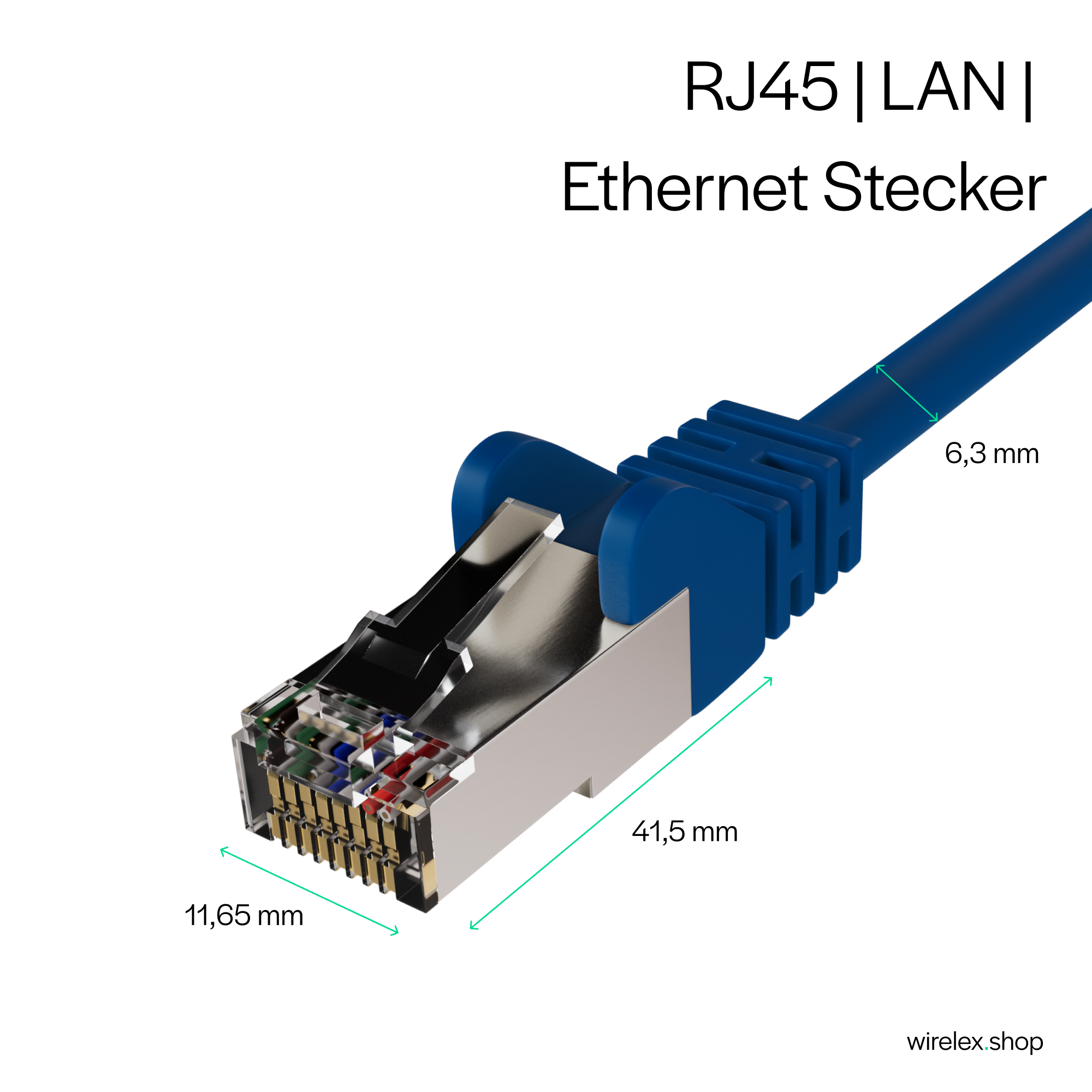 Blauer RJ45/LAN-Ethernet-Stecker mit beschrifteten Abmessungen. Der Stecker ist blau mit silbernem Metall im Inneren.