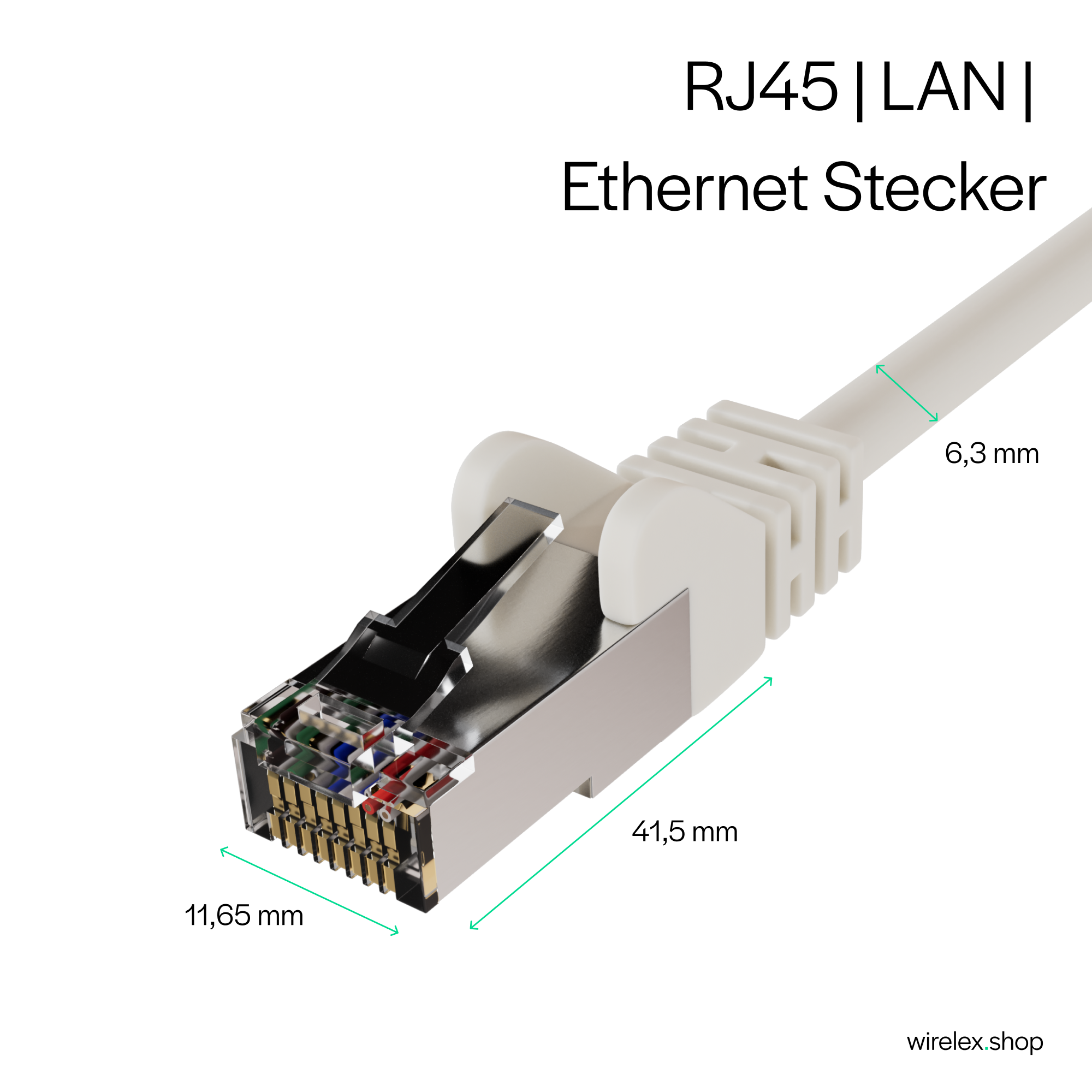 Nahaufnahme eines weißen RJ45-Ethernet-Steckers mit Maßangaben und weißem Kabel.