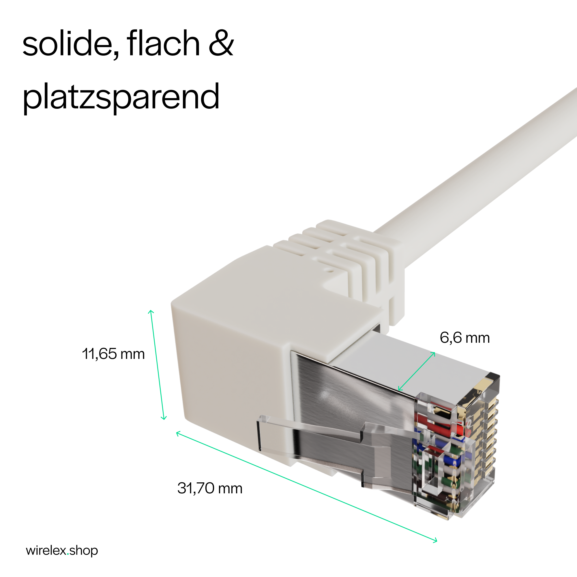 Weißes und graues Ethernet-Kabel mit Abmessungen. Text: solide, flach und platzsparend.