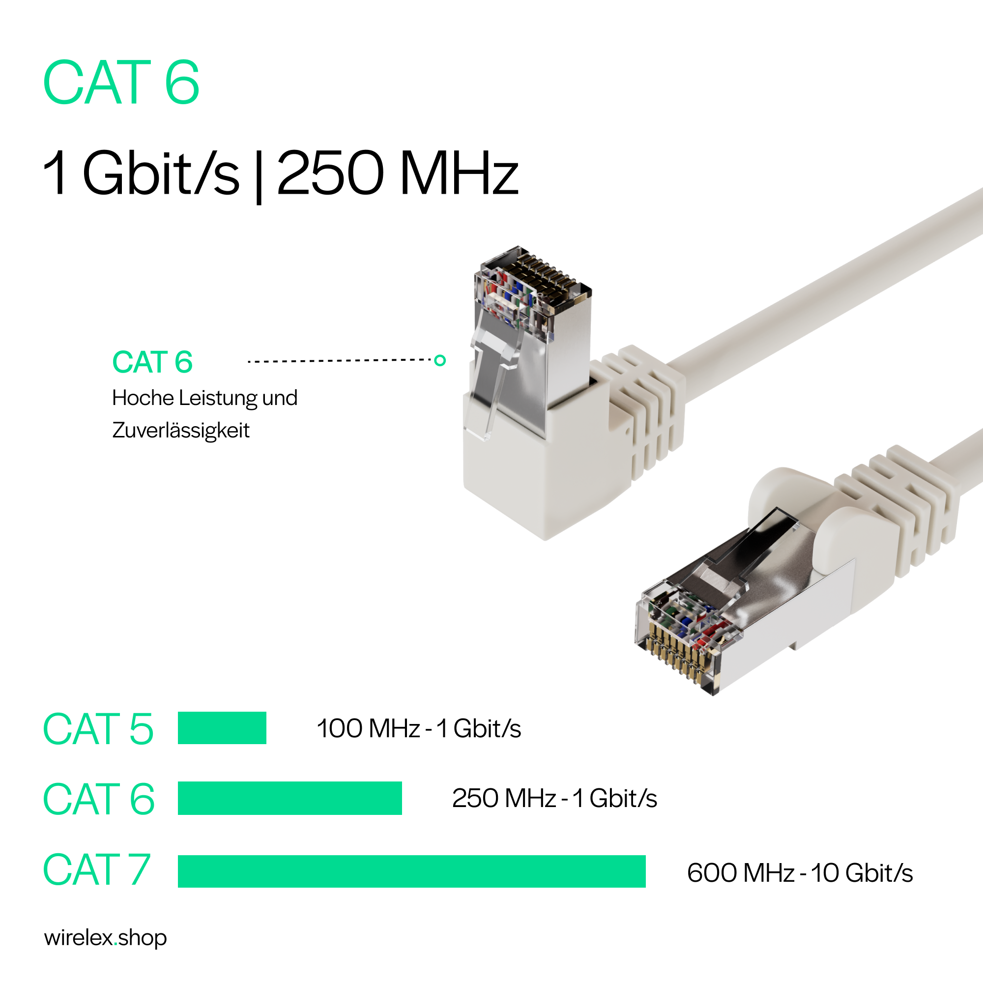 CAT 6 Ethernet-Kabel mit Steckern. Text: CAT 6, 1 Gbit/s | 250 MHz. Weißer Hintergrund.
