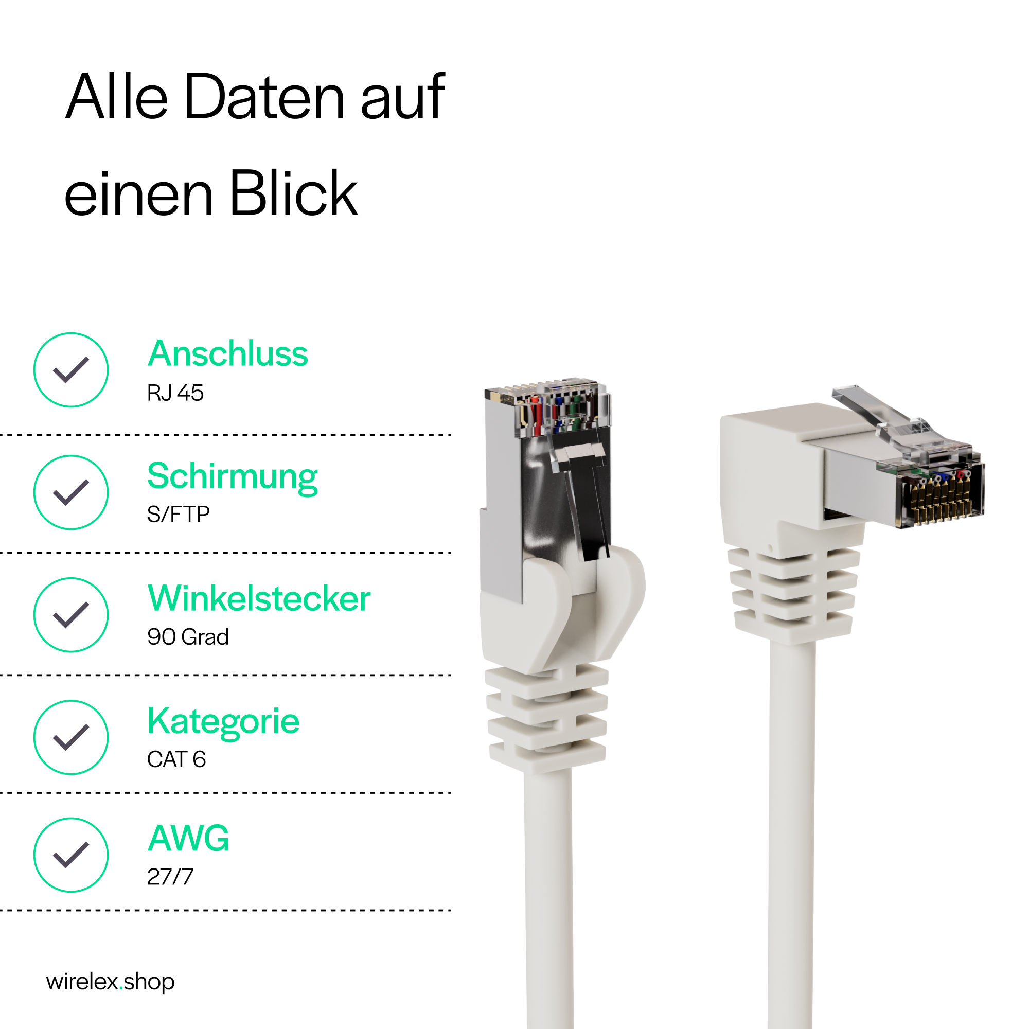 Weißes Ethernet-Kabel mit Steckern, detaillierten Etiketten und einem grünen Häkchen-Symbol.