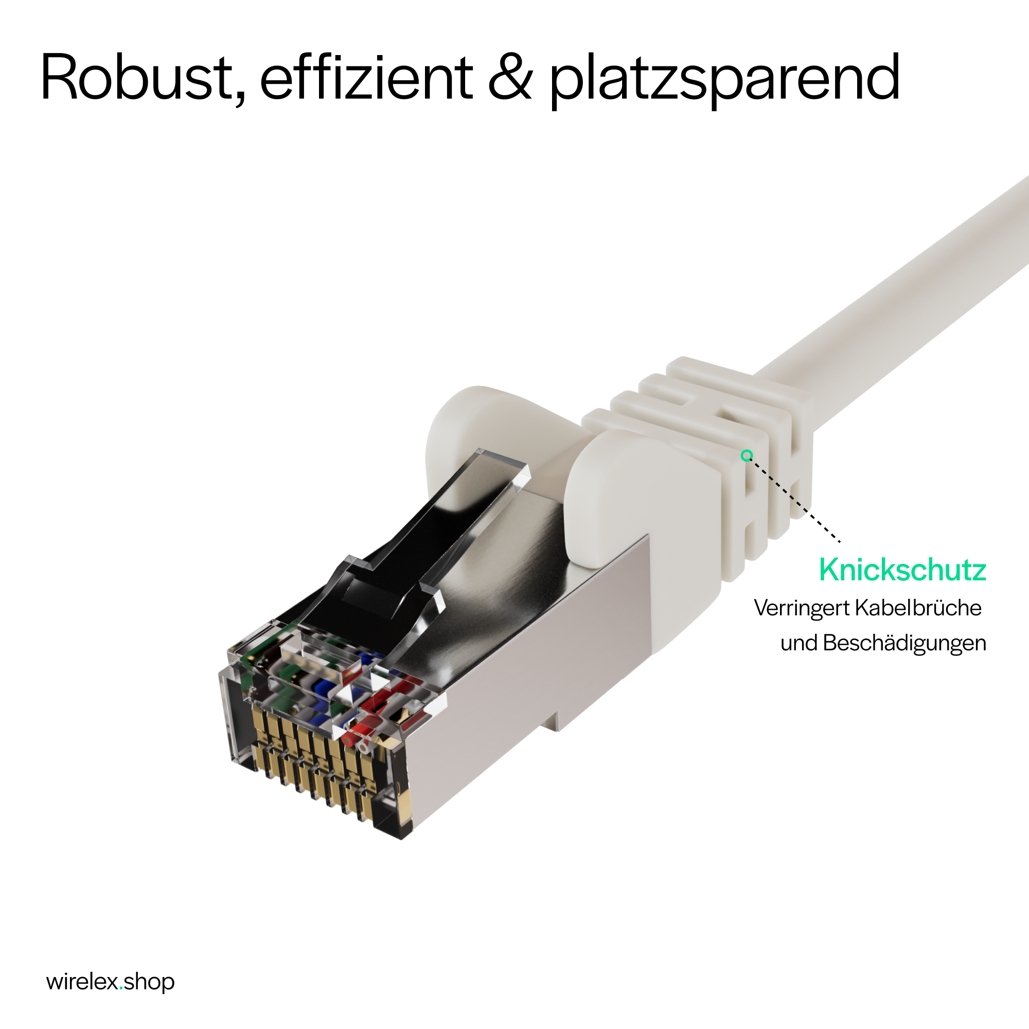 Weißes Ethernet-Kabel mit Querschnitt des Steckers. Text: robust, effizient und platzsparend. Label: Knickschutz.