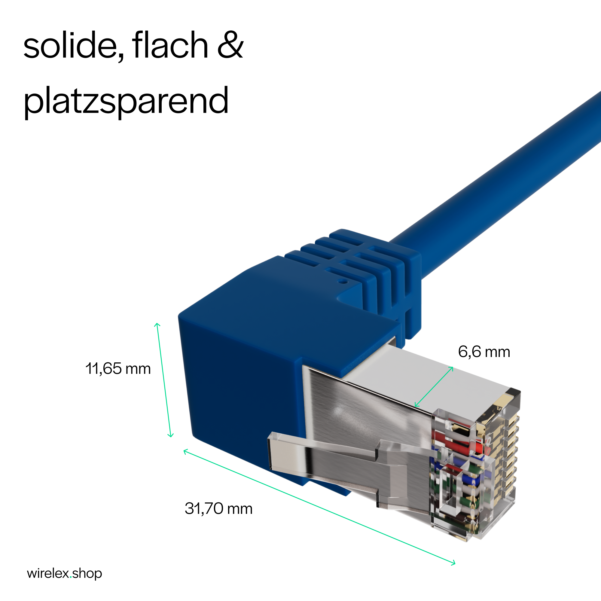 Blauer Ethernet-Kabelanschluss-Querschnitt, zeigt interne Komponenten und Abmessungen. Weißer Hintergrund.