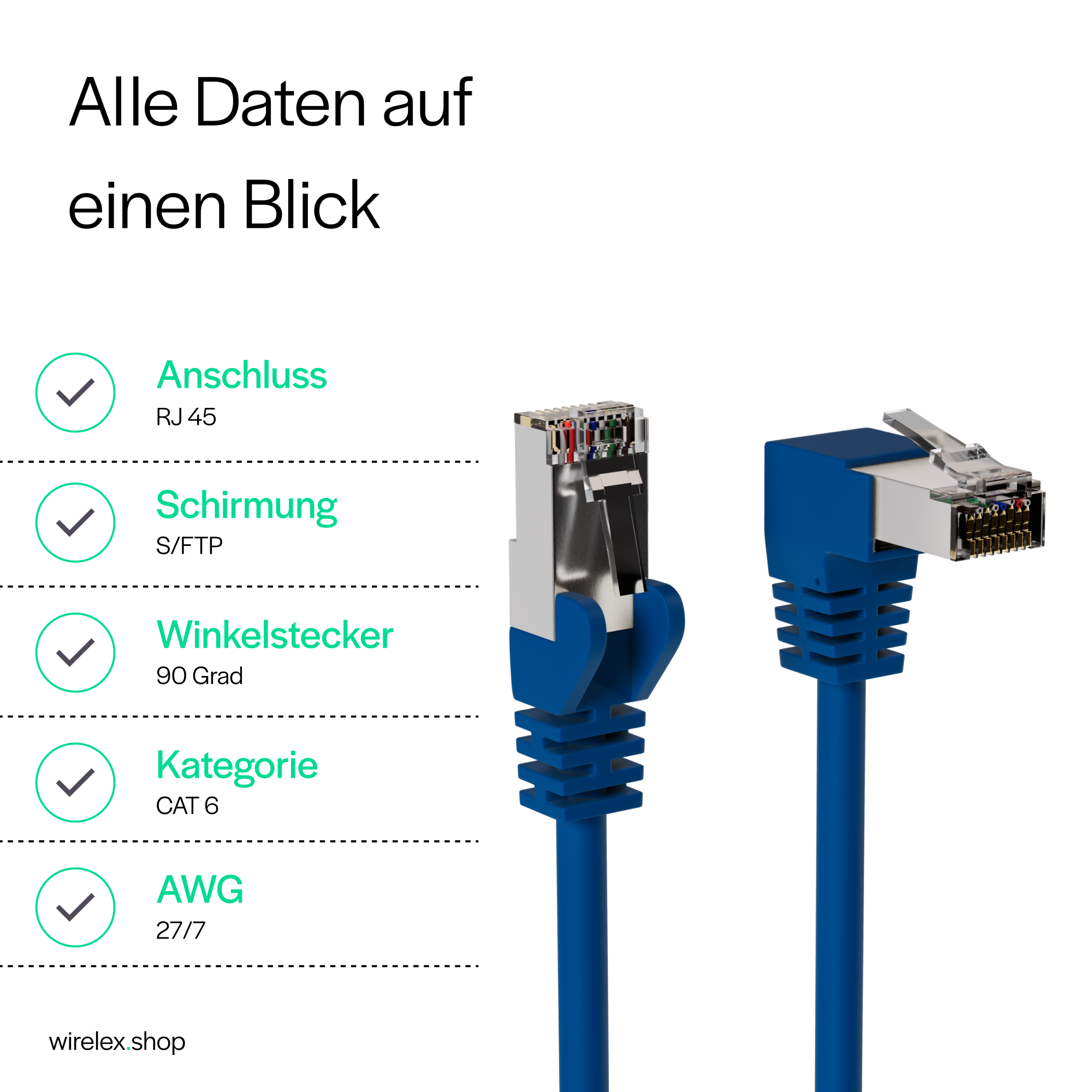 Nahaufnahme eines blauen Netzwerkkabels mit RJ45-Anschluss. Häkchen auf Etiketten: Anschluss, Schirmung, Winkelstecker und Kategorie.