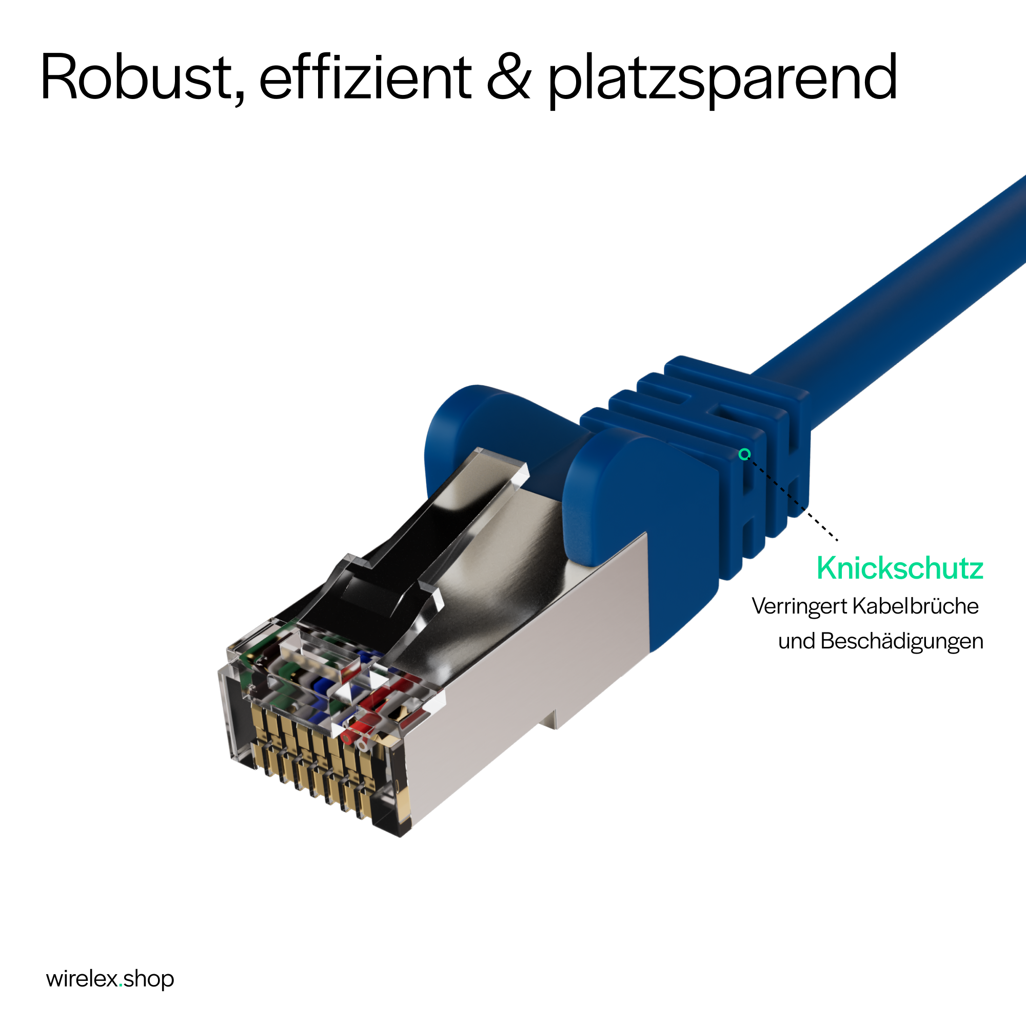 Blaues Netzwerkkabel mit Schutzhülle. Text: Robust, effizient & platzsparend. Es verhindert Kabelbrüche.