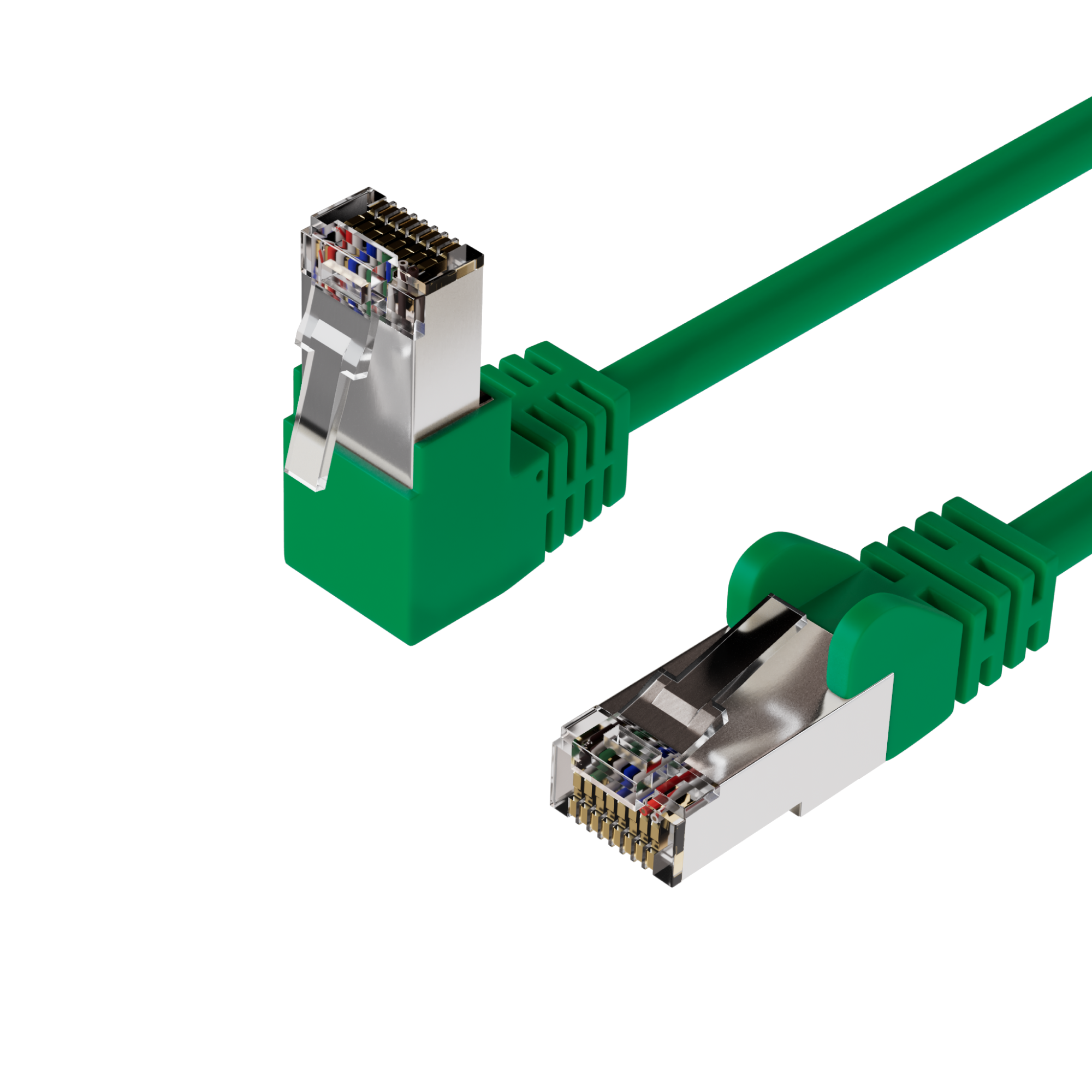 Zwei grüne Ethernet-Kabel mit RJ45-Anschlüssen. Eines ist abgewinkelt. Weißer Hintergrund.