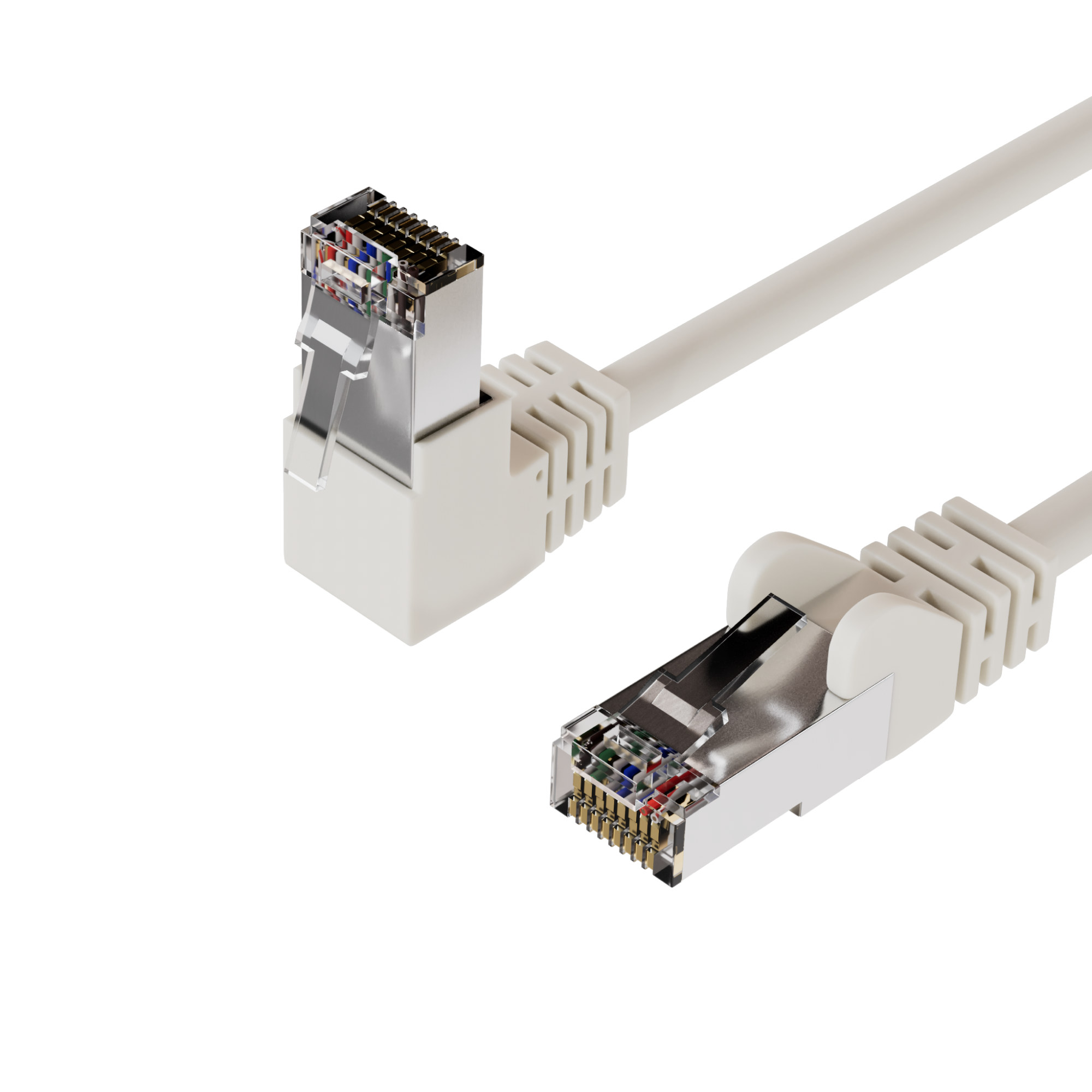 Zwei weiße Ethernet-Kabel mit RJ45-Anschlüssen. Eines ist abgewinkelt. Weißer Hintergrund.
