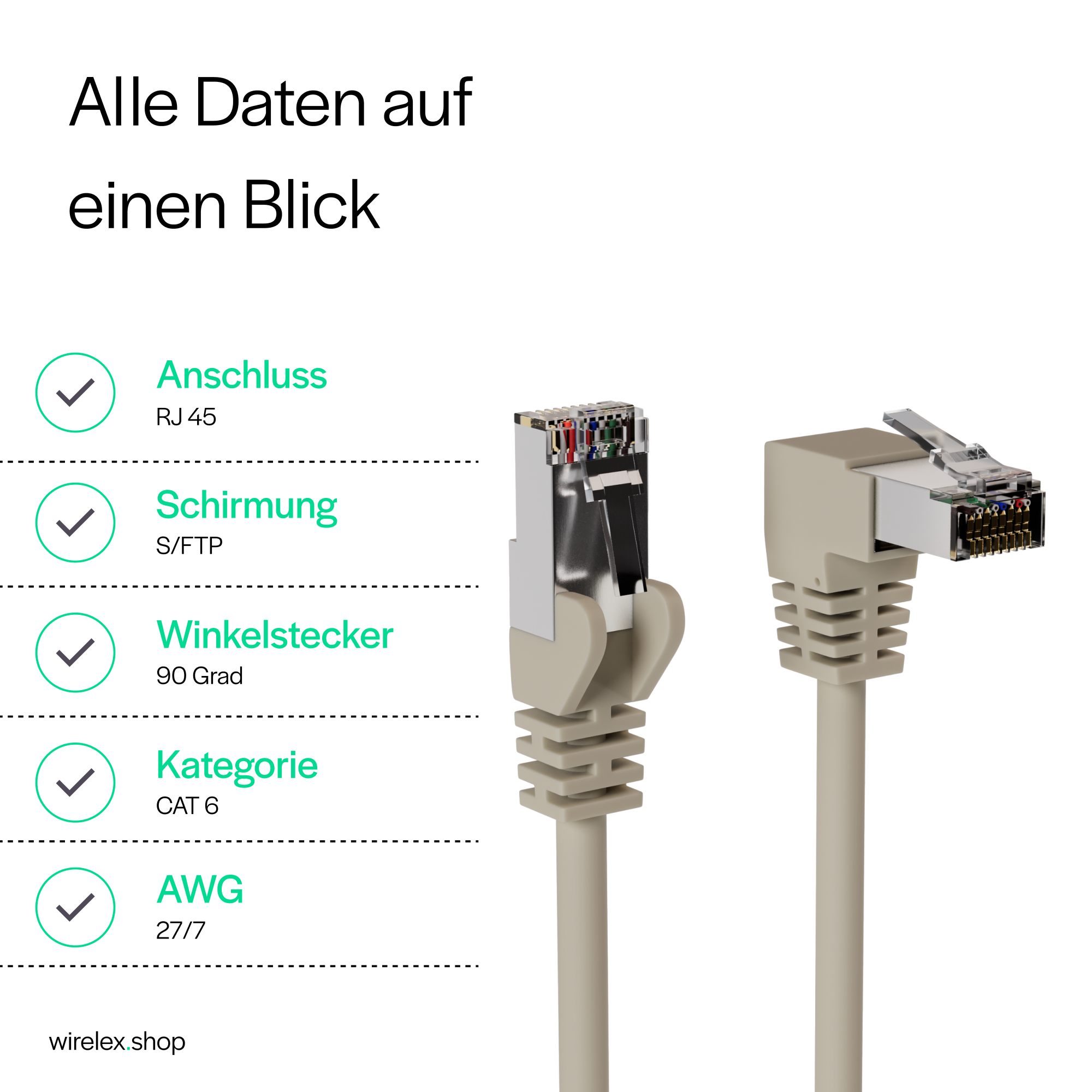 RJ45-Anschluss und Winkelstecker, CAT 6-Kabel, AWG 27/7. Enthält Informationen zur Abschirmung.