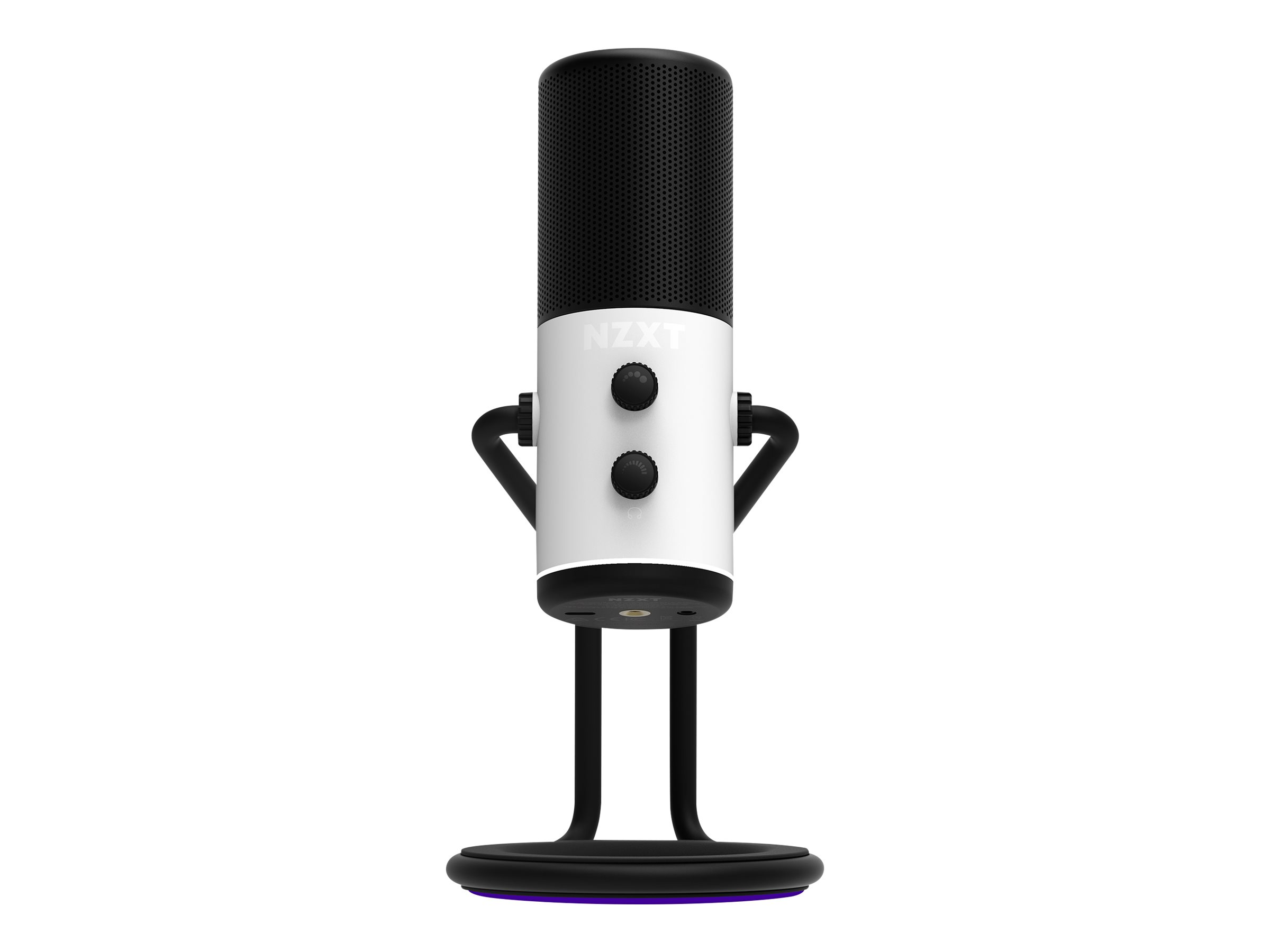 Biały i czarny mikrofon ze statywem. Mikrofon ma dwa białe pokrętła i czarny, siatkowy wierzch.