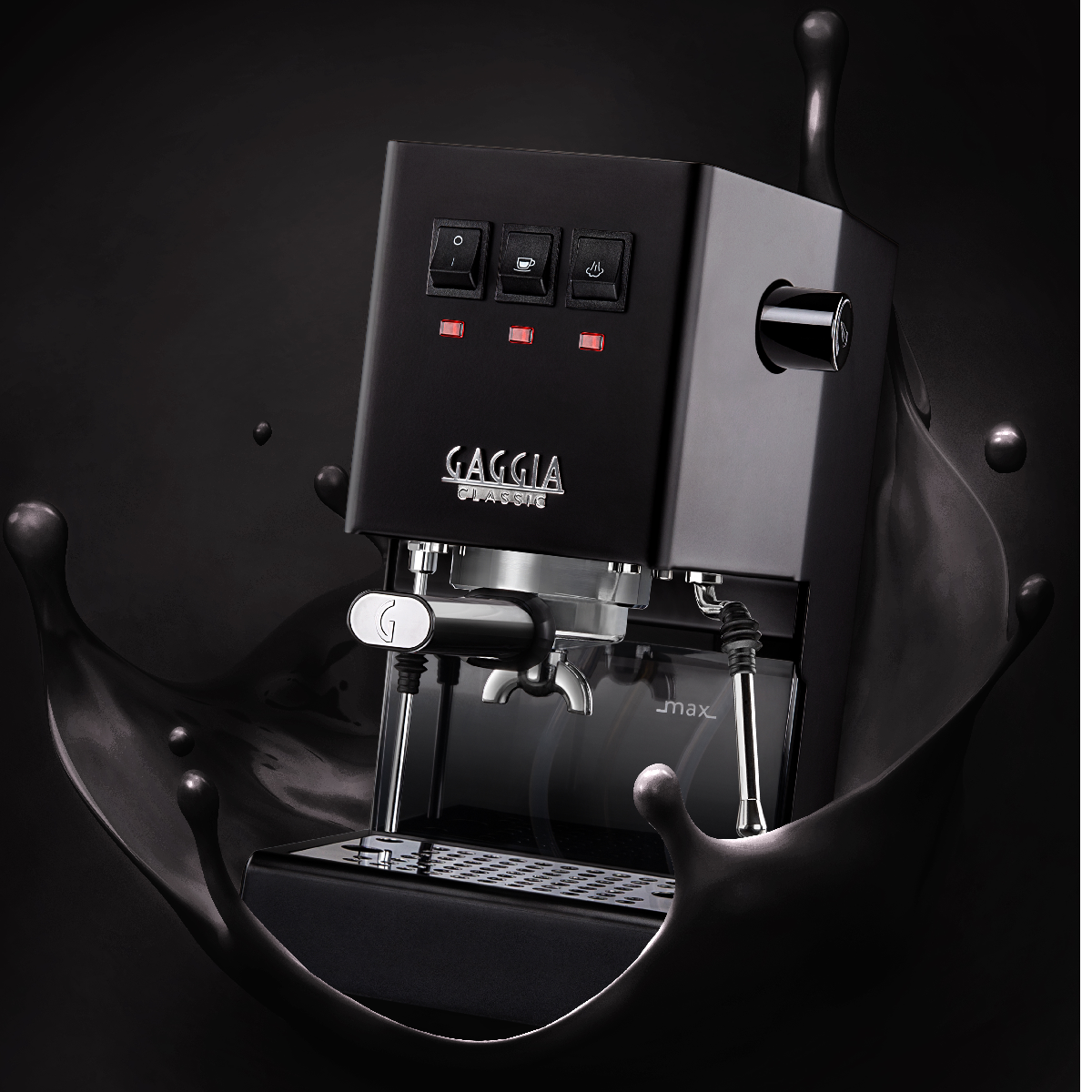 Czarny ekspres do kawy Gaggia z ciemnym rozpryskiem płynu. Maszyna ma czerwone światła.