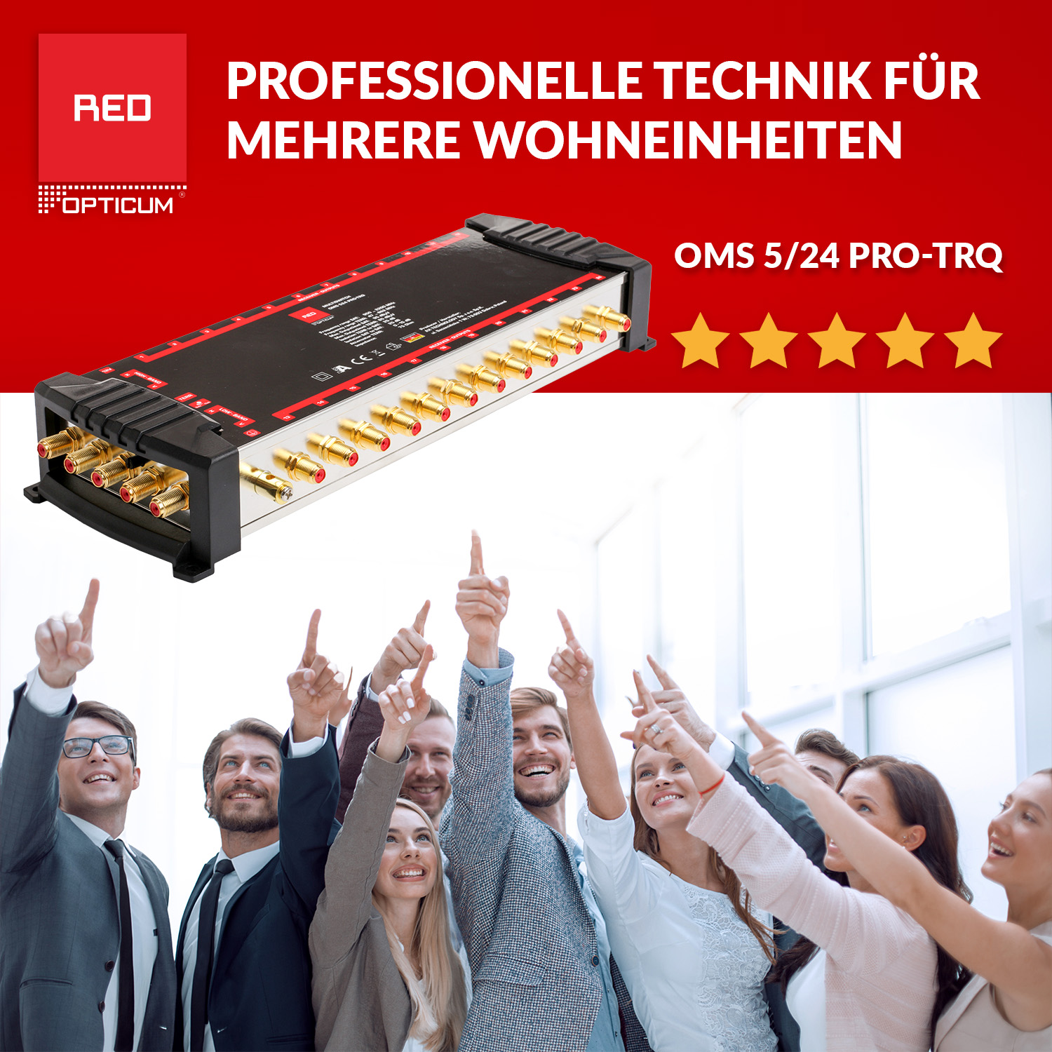 Eine Gruppe von Menschen, die auf einen Server zeigen, mit Text über professionelle Technologie für mehrere Wohnungen.