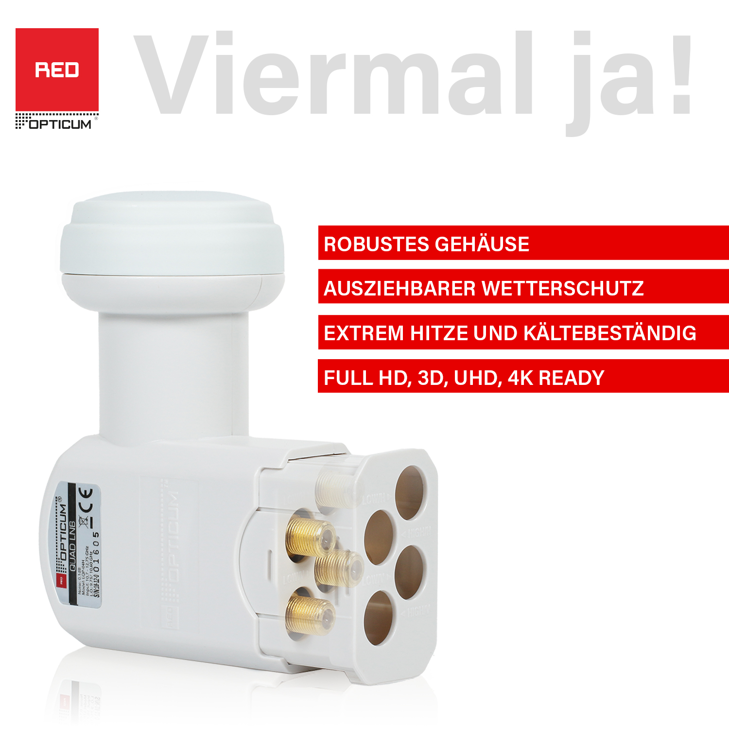 Weißer Satellitenempfänger mit Text über Funktionen und Branding.