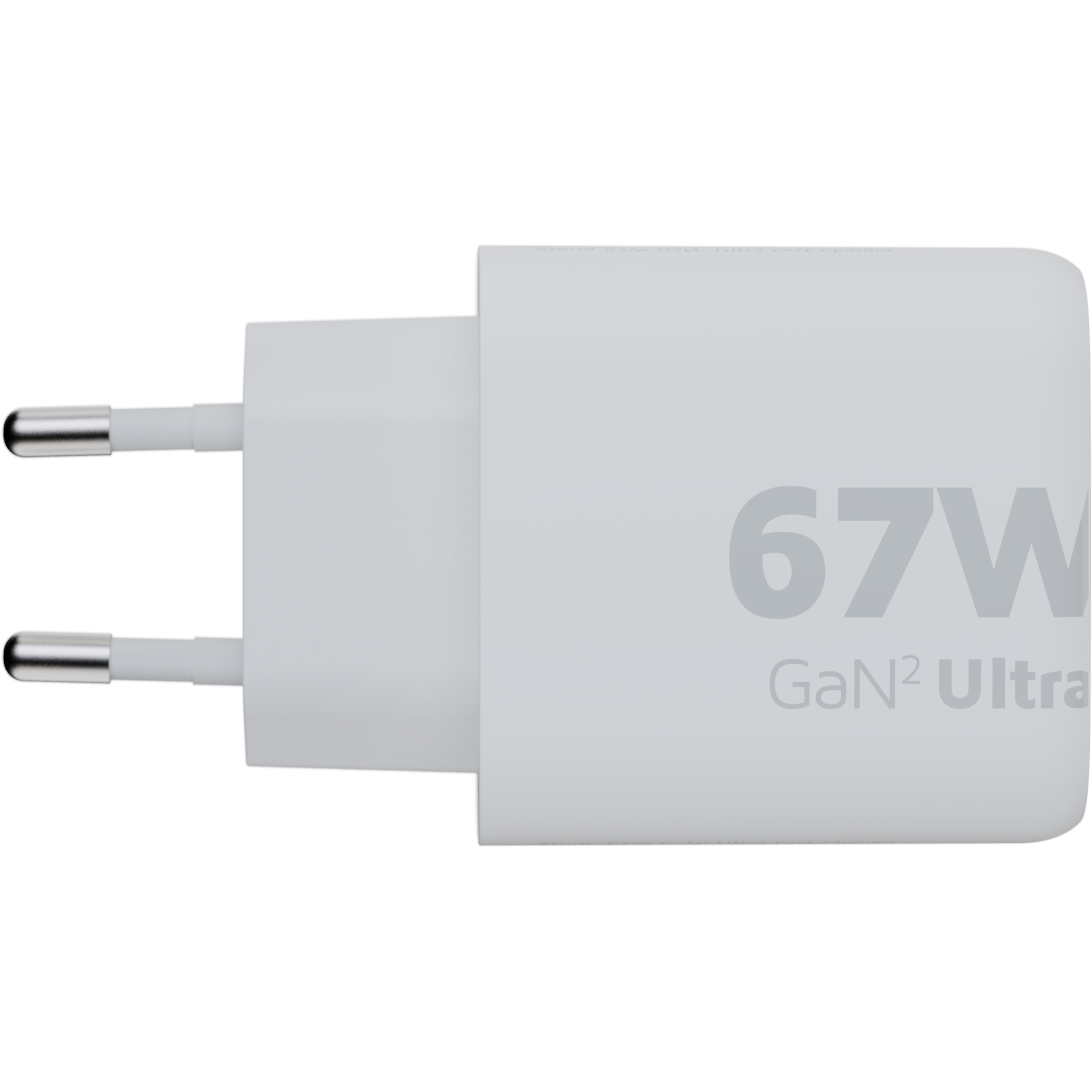 Weißes Ladegerät mit zwei silbernen Stiften. Es steht 67W, GaN² Ultra.