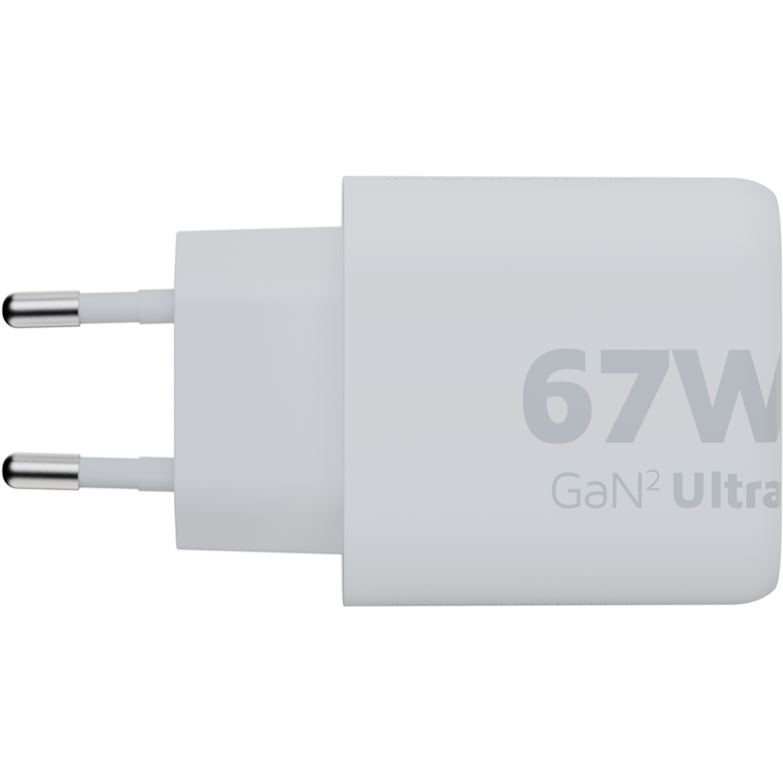 Weißes, quadratisches Ladegerät mit dem Text '67W GaN² Ultra' und zwei Metallstiften.