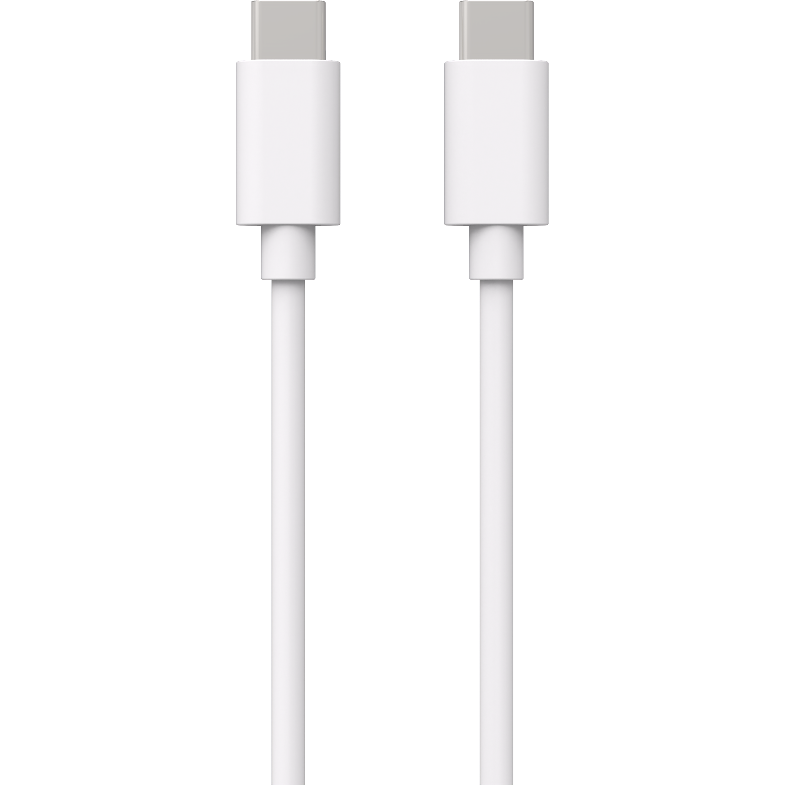 Zwei weiße USB-C-Kabel nebeneinander, vor schwarzem Hintergrund.