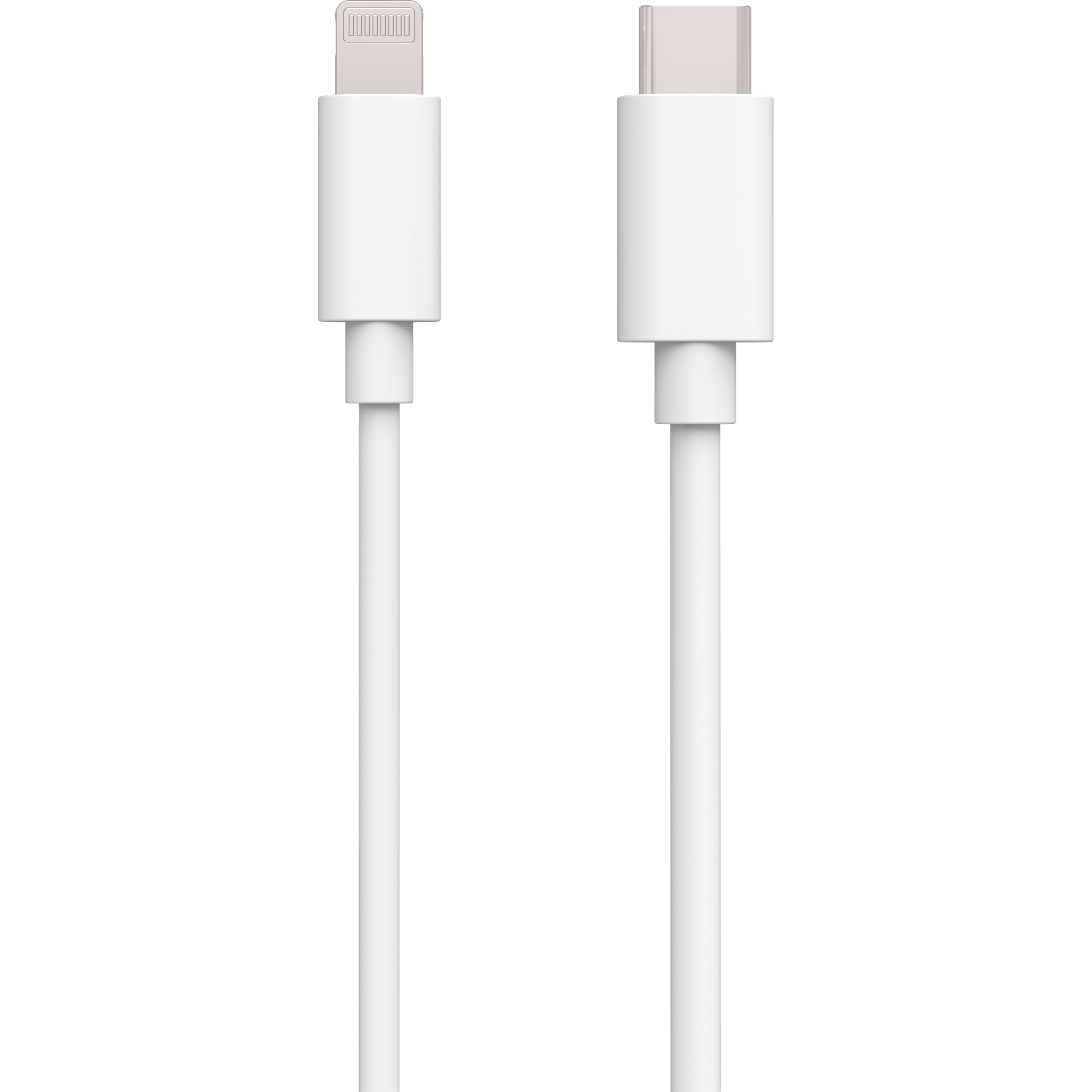 Zwei weiße Ladekabel, eines mit Lightning-Anschluss, das andere mit USB-C-Anschluss, auf schwarzem Hintergrund.