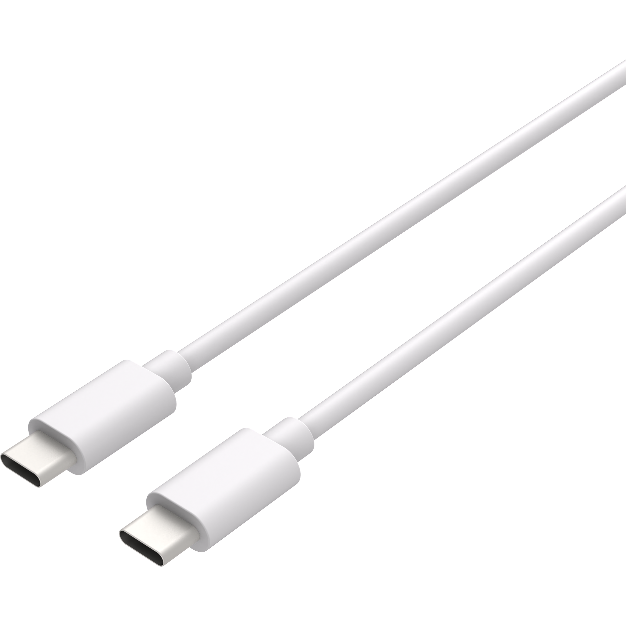 Zwei weiße USB-C-Kabel auf schwarzem Hintergrund. Die Anschlüsse zeigen nach links. Sauber und einfach.