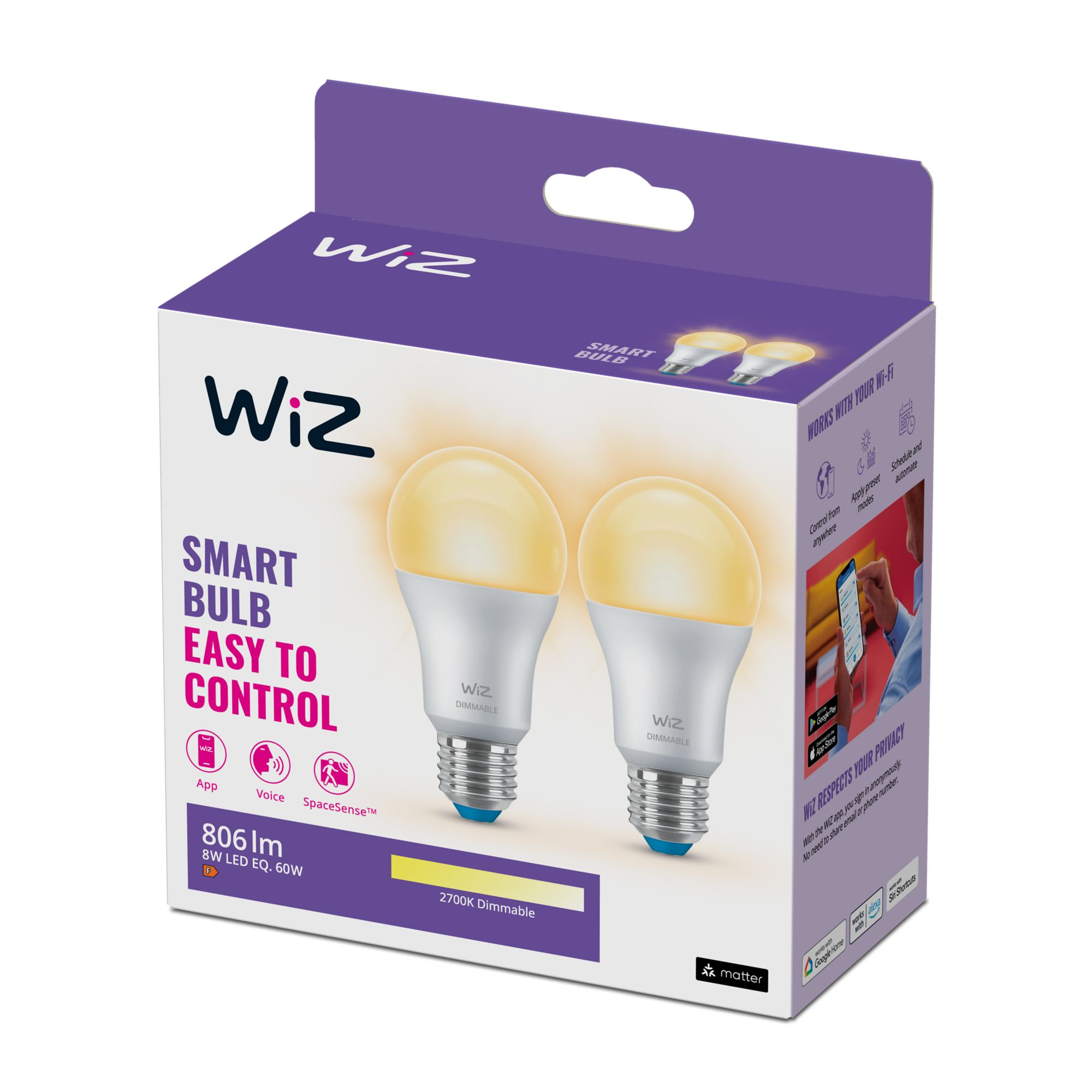 Una confezione di due lampadine intelligenti. Il testo dice 'Smart Bulb Easy to Control' e 'WiZ'.