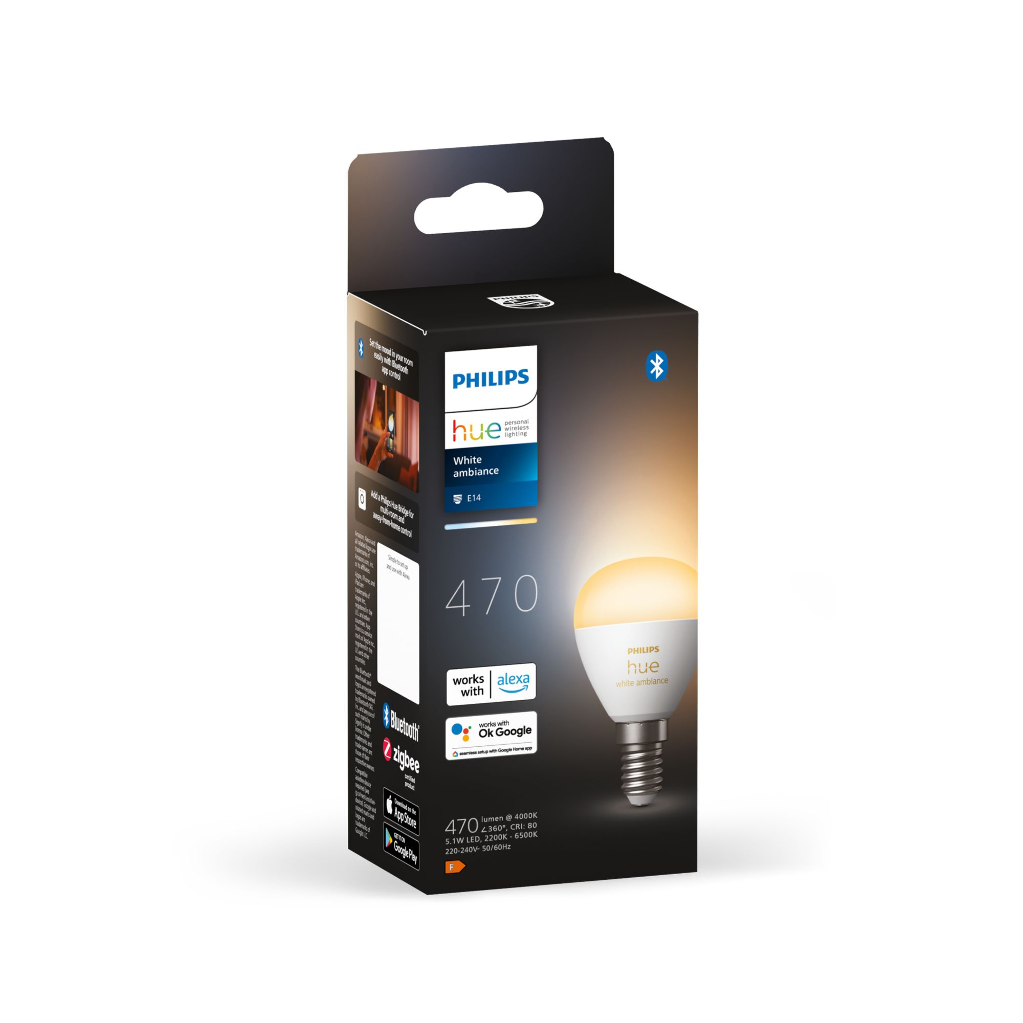 Żarówka Philips Hue w pudełku, z informacjami o produkcie i funkcjami.