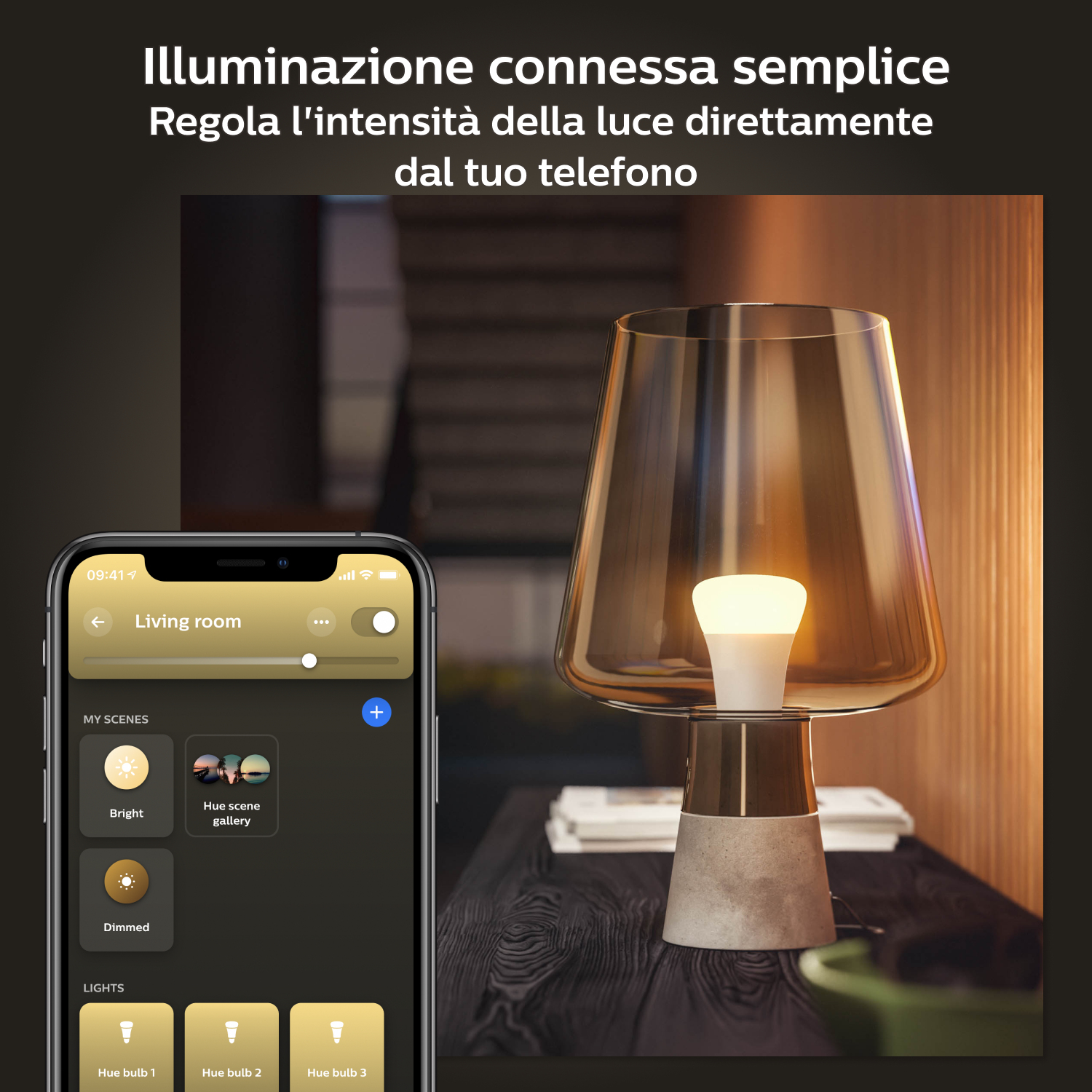 Lampe intelligente avec interface téléphonique. Lampe avec un design marron et blanc. L'interface affiche les options d'éclairage.