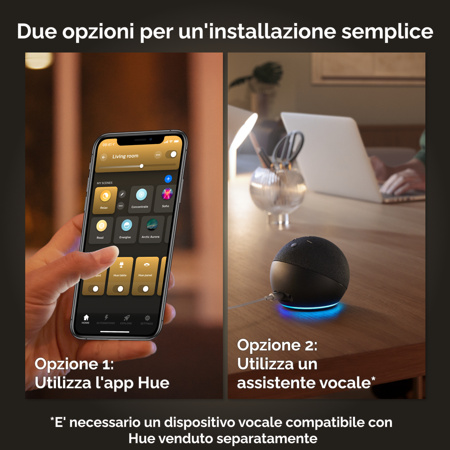 Deux options pour le contrôle de l'éclairage intelligent : utiliser l'application Hue ou un assistant vocal.