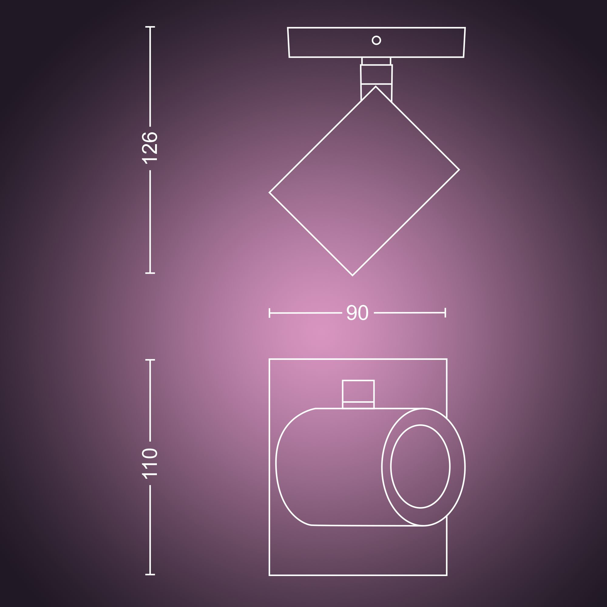 Schema di un faretto. Mostra viste dall'alto e laterali, con dimensioni di 126 mm, 110 mm e 90 mm.