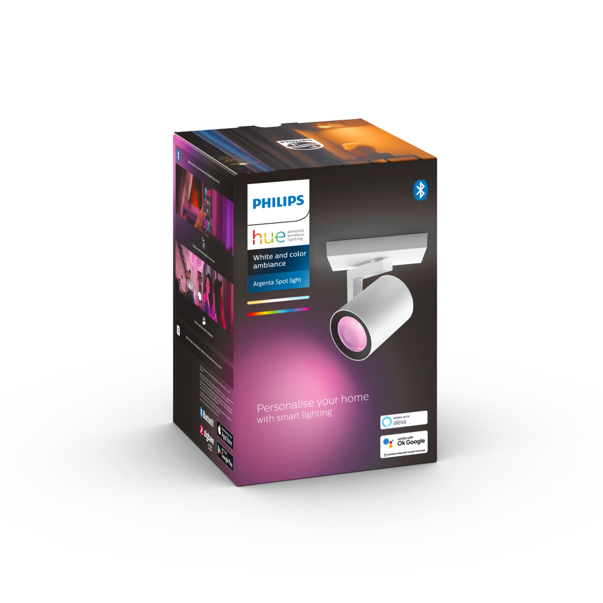 Scatola faretti Philips Hue Argenta, bianco e rosa. Concetto di illuminazione smart.