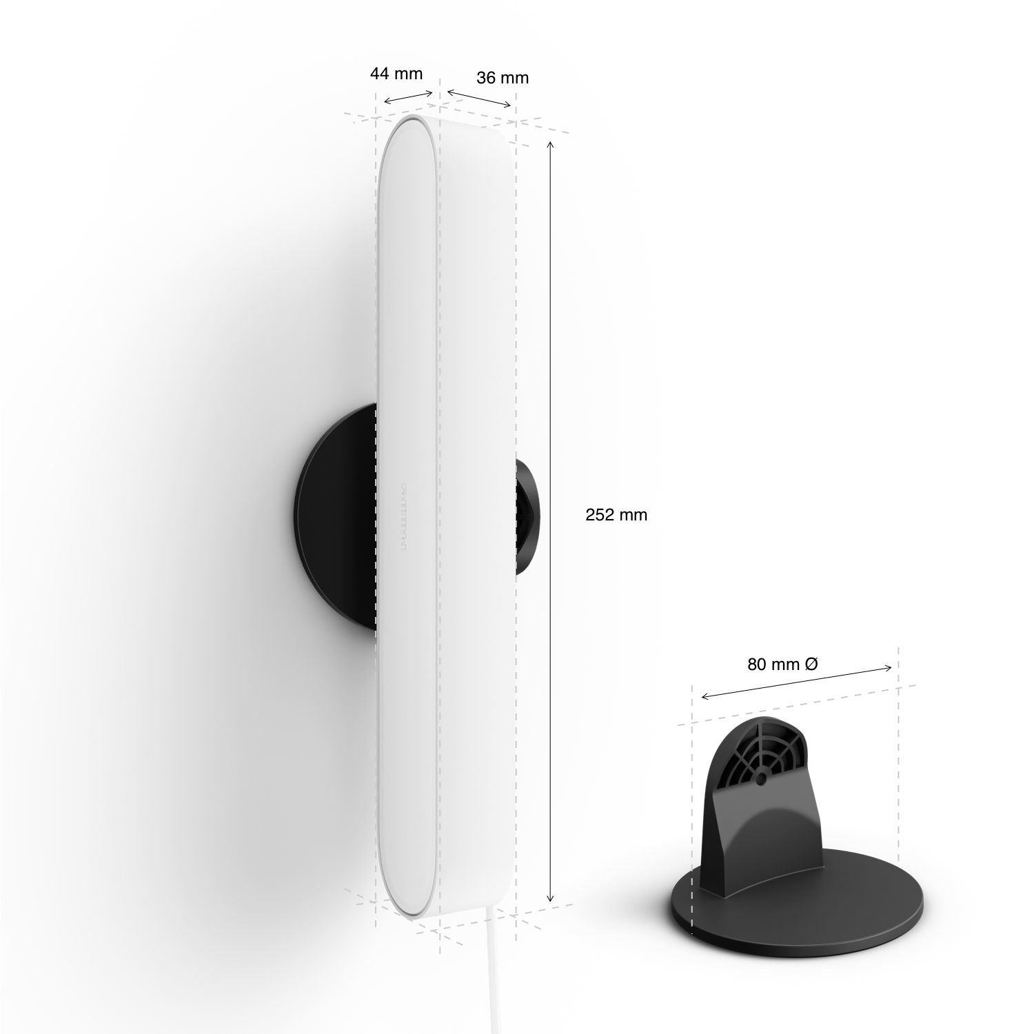 Altoparlante bianco e nero, montato a parete. Supporto nero con dimensioni mostrate.