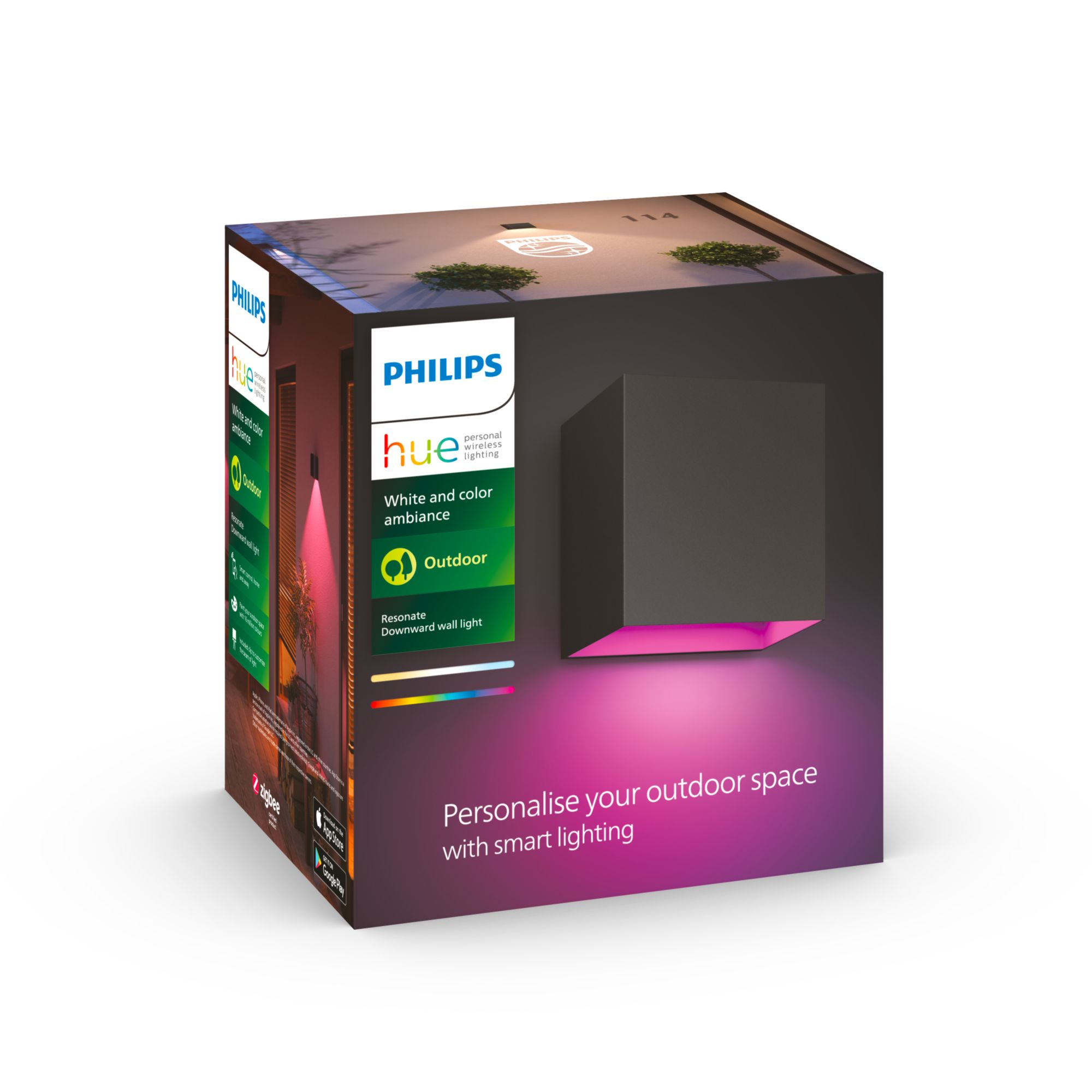 Pudełko oświetlenia Philips Hue, w kształcie kostki, oświetlenie zewnętrzne, czarne pudełko, różowy i fioletowy gradient.