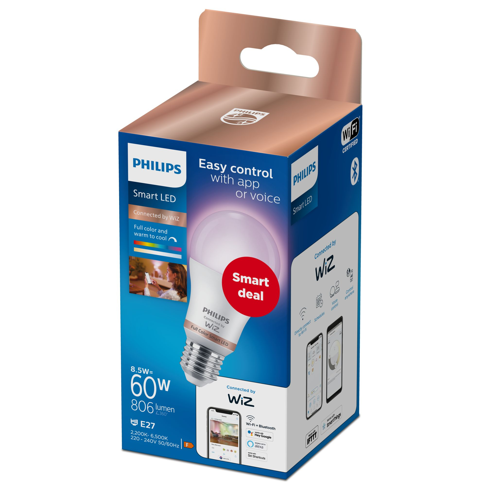 Żarówka LED Philips Smart w pudełku. Pudełko jest niebieskie z różowym schematem kolorów.