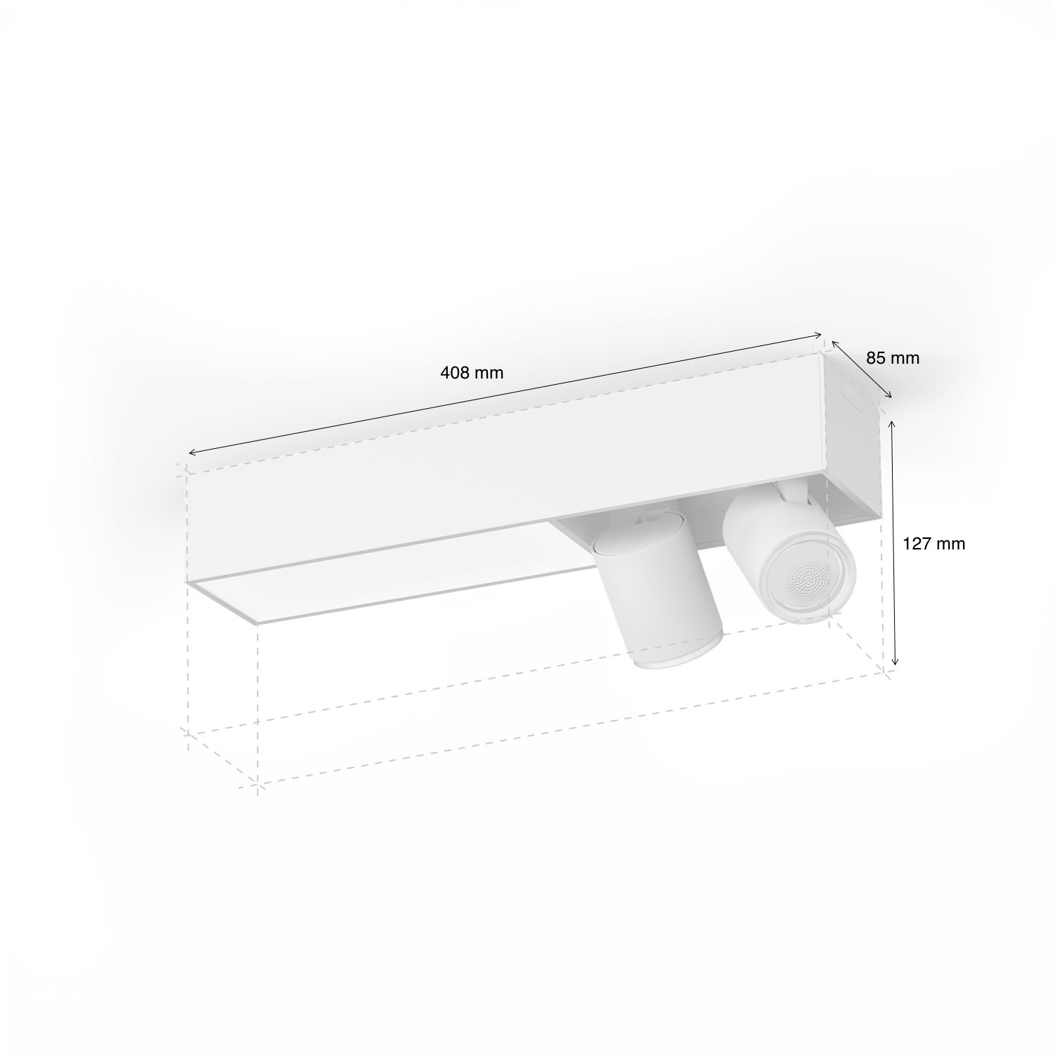 Luminaire rectangulaire blanc avec deux spots réglables. Dimensions en mm indiquées sur l'image.