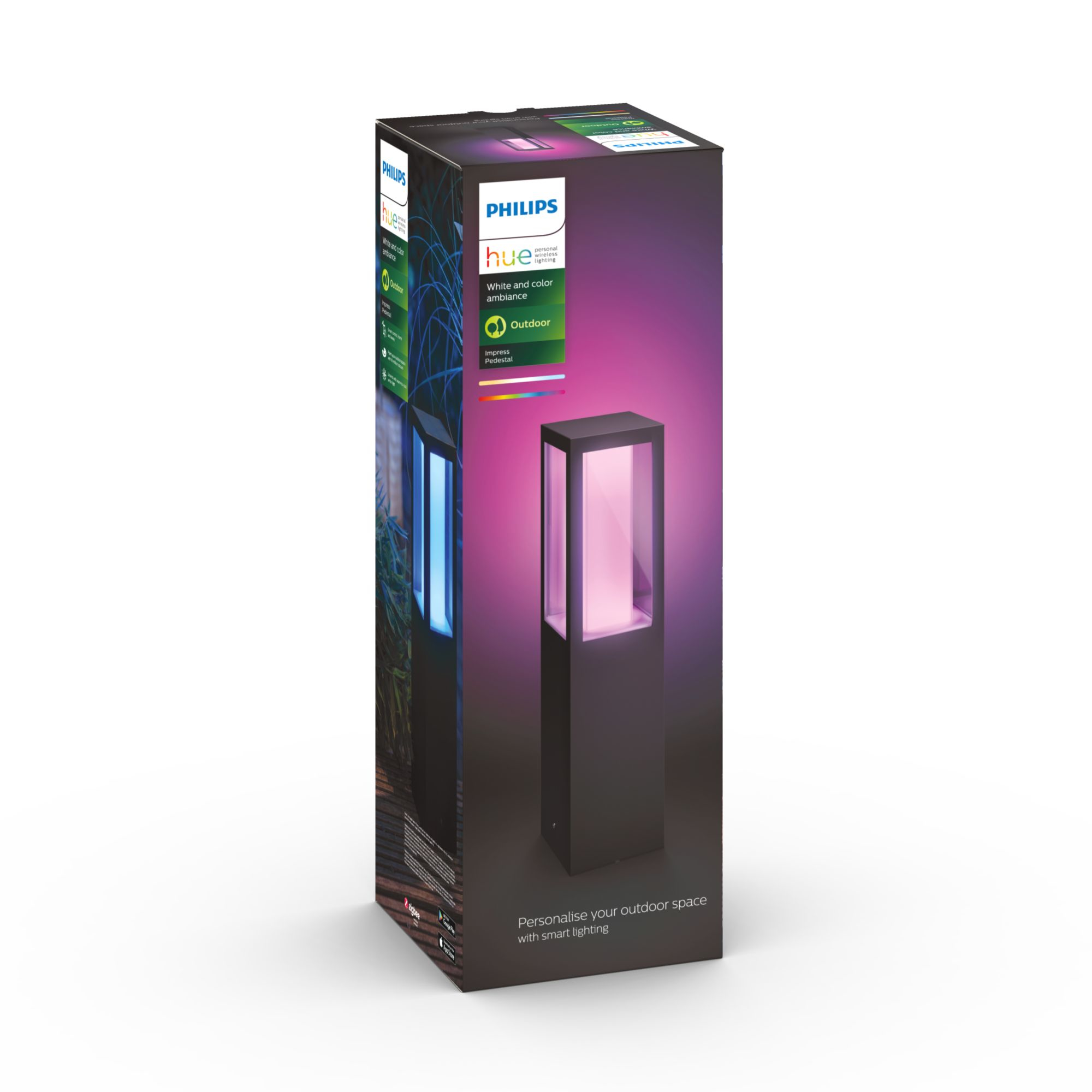 Une lumière extérieure Philips Hue dans sa boîte. La boîte montre une lampe avec une lueur rose et bleue.