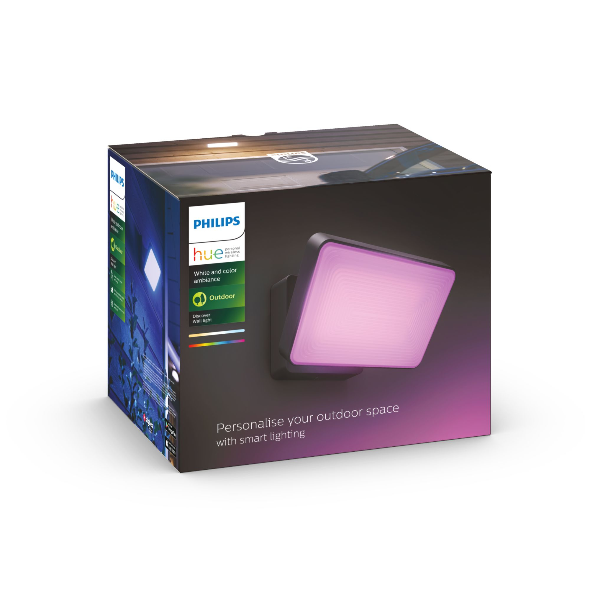 Une lampe extérieure Philips Hue dans une boîte. La lumière émet une lueur rose sur un fond blanc.