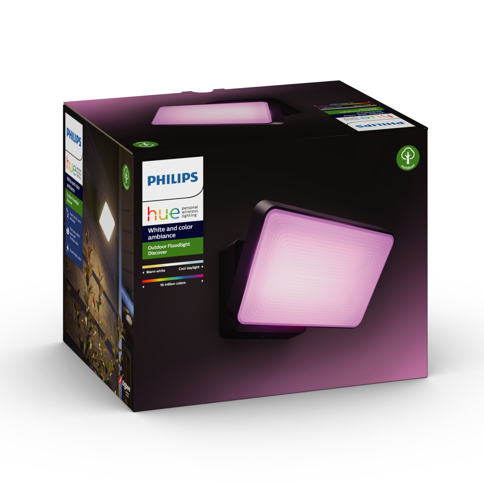 Projecteur extérieur Philips Hue dans une boîte. Il est blanc, avec une lumière rose.