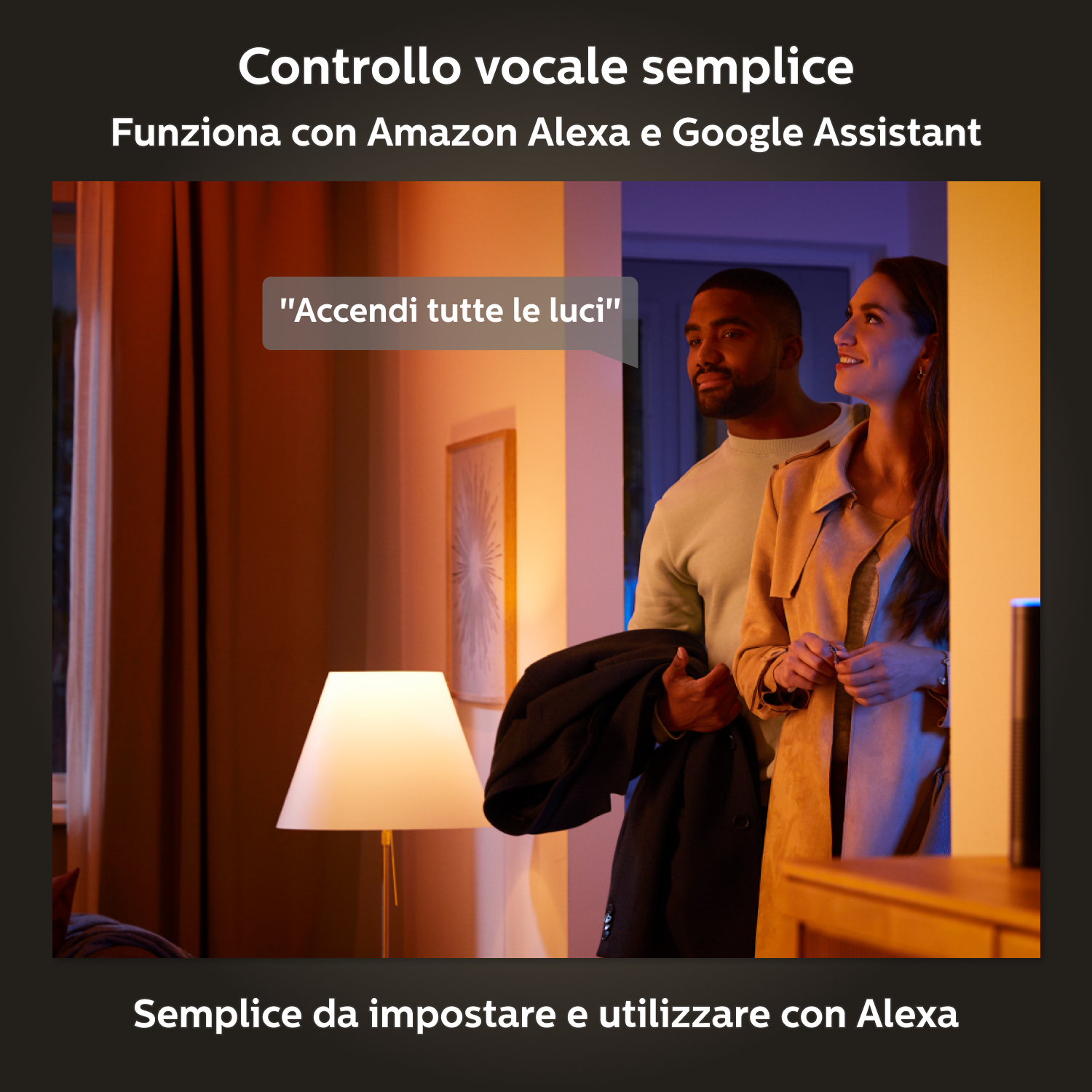 Ein Mann und eine Frau in einem Raum, die eine Lampe betrachten. Sprechblase sagt: „Schalte alle Lichter ein“. Steuerung mit Alexa.