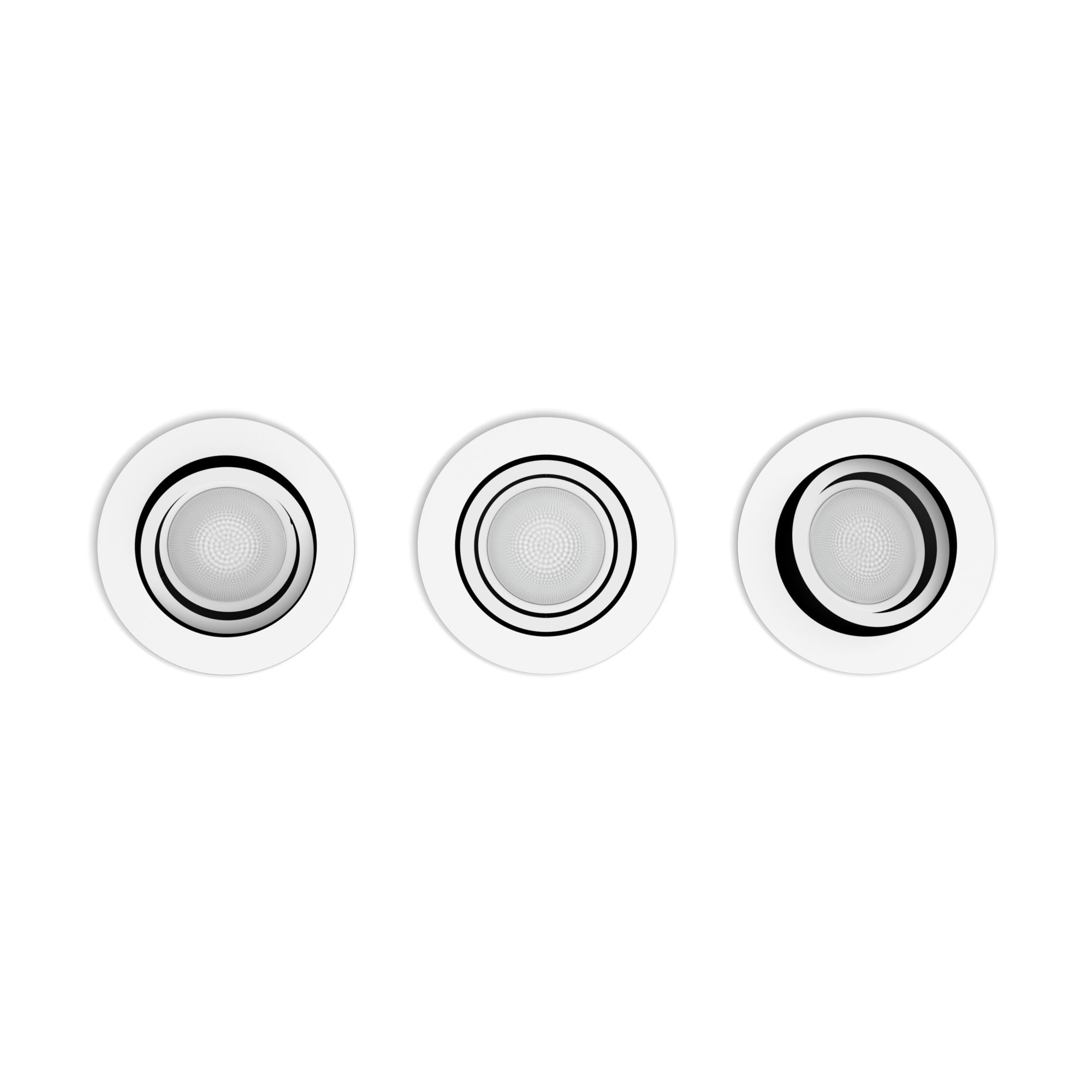 Tre luci a incasso bianche. Ognuna ha un design rotondo con una luce centrale.