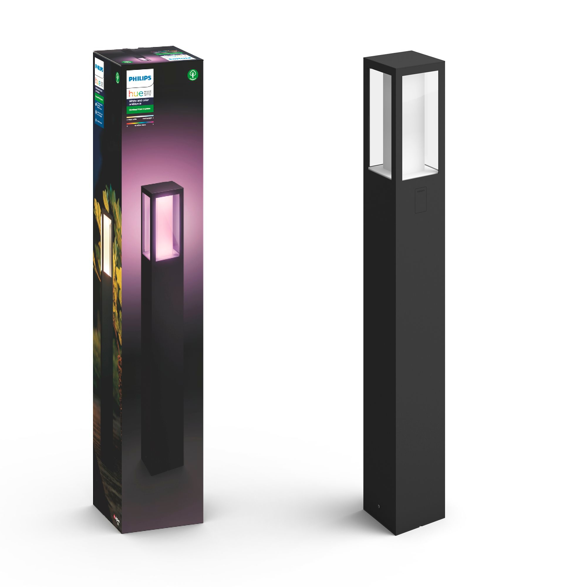 Czarna prostokątna lampa zewnętrzna z pudełkiem z boku. Pudełko pokazuje produkt i jego cechy.
