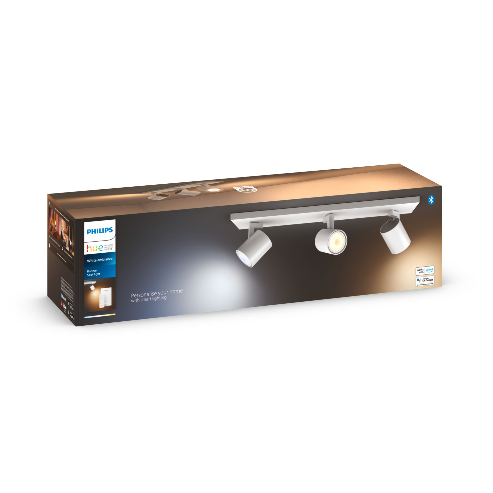 Caja de iluminación inteligente Philips Hue, superficie blanca. Se muestran tres focos.