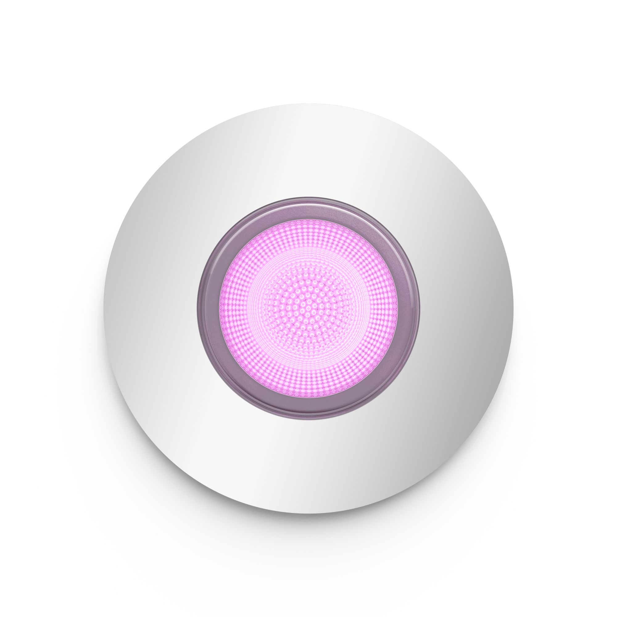 Un faretto bianco con una luce interna rosa.