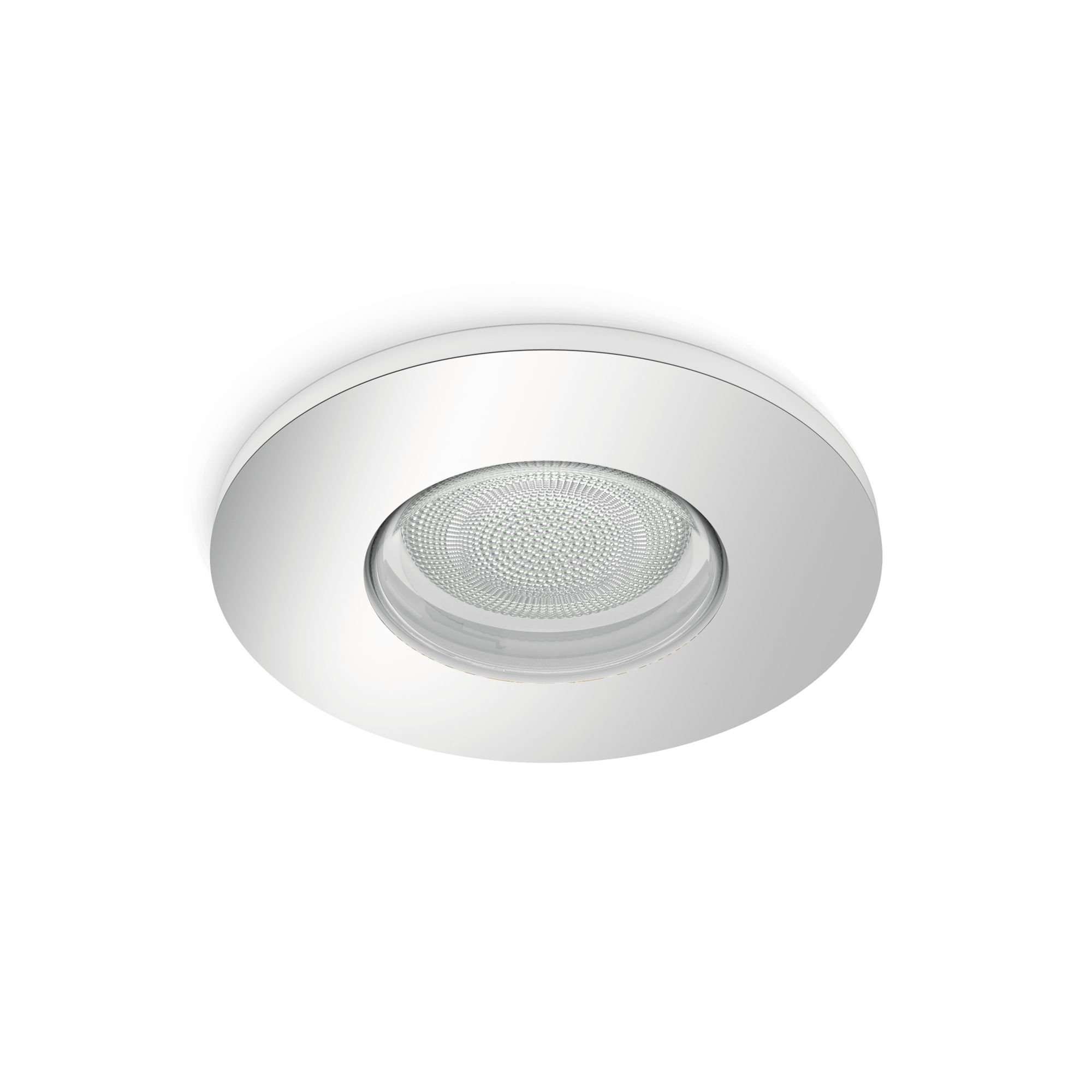 Una luce da soffitto a incasso circolare, bordo bianco, con una luce centrale.