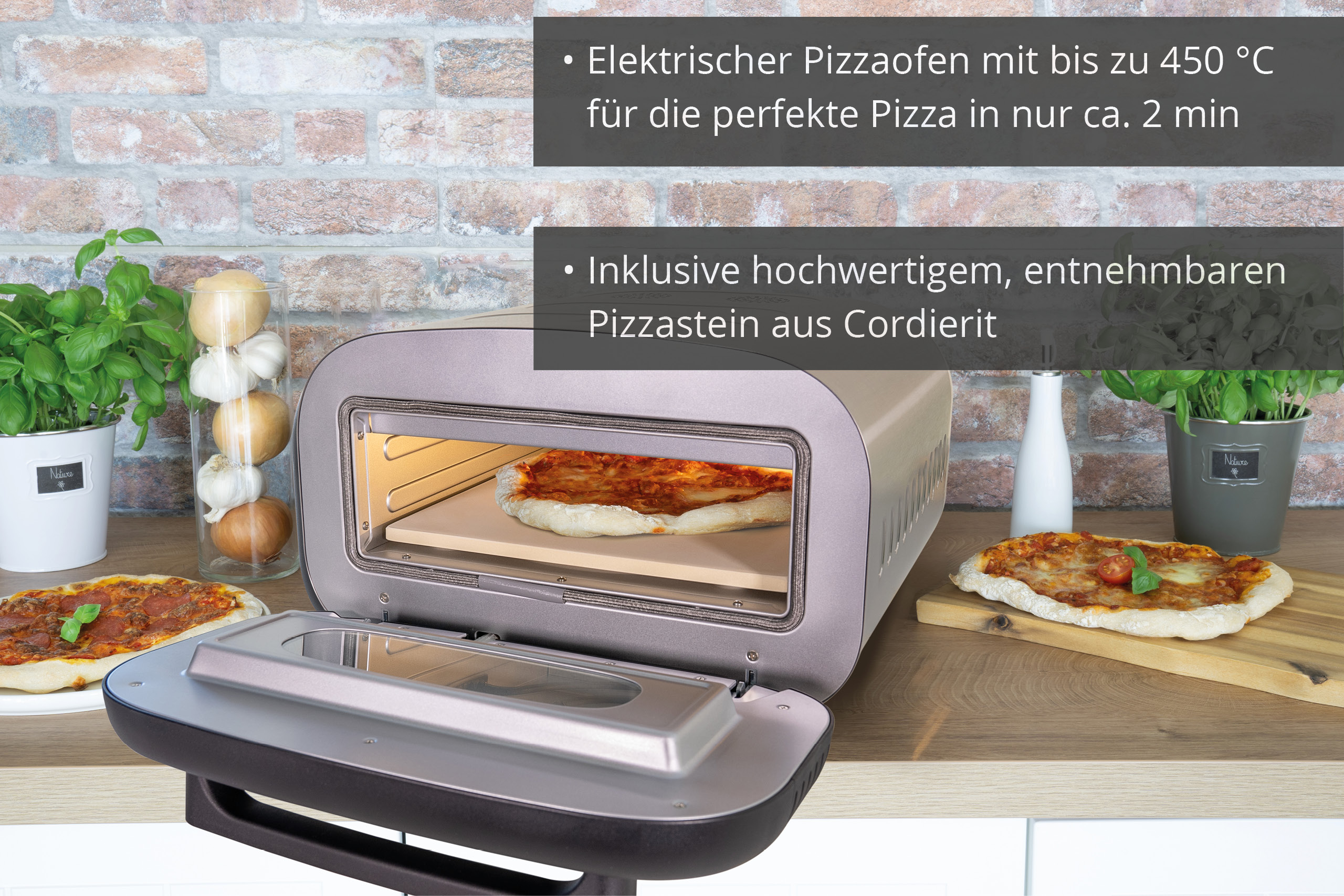 Elektrischer Pizzaofen mit Pizza, Text über die Funktionen und eine Pizza daneben.