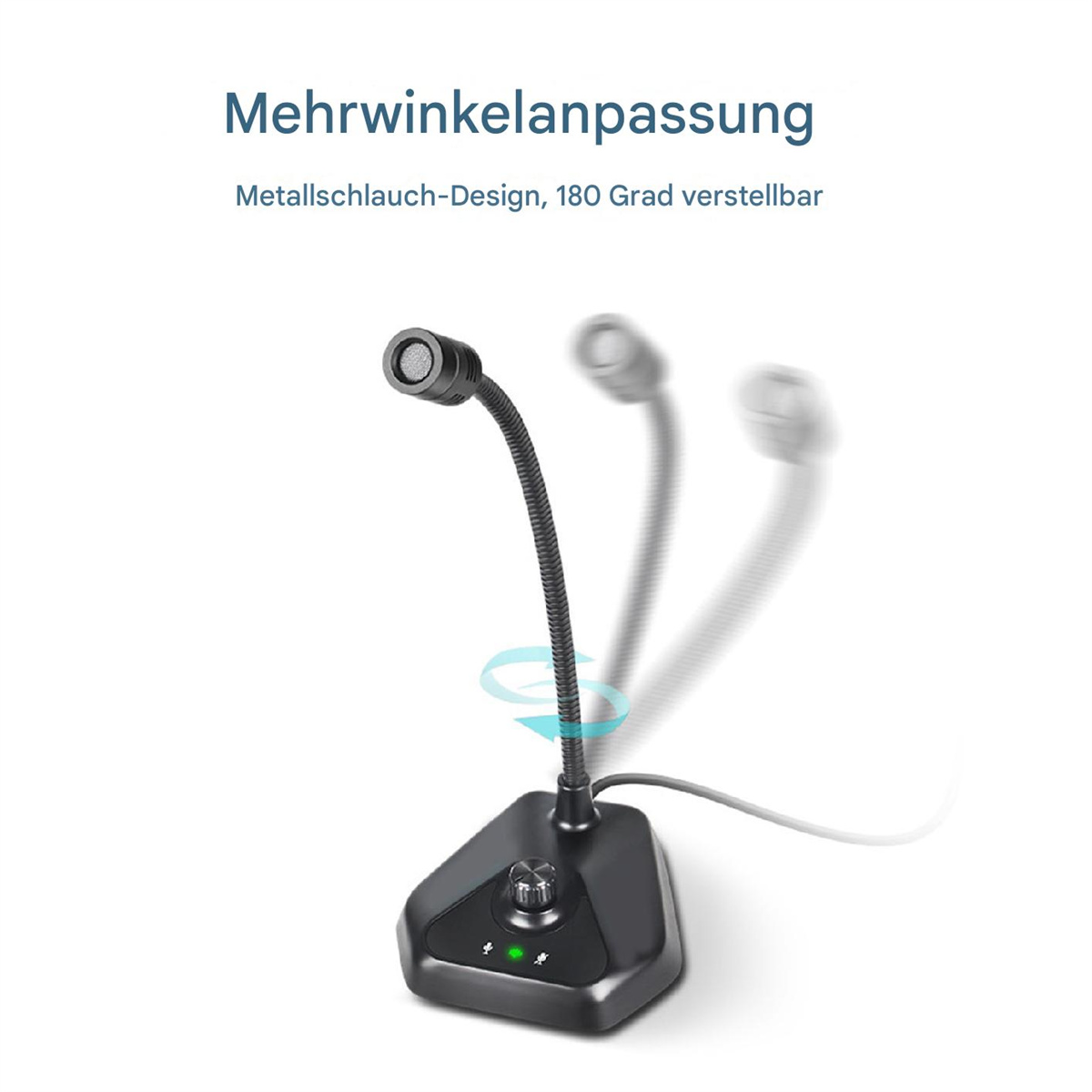 Ein Mikrofon mit flexiblem Hals auf schwarzem Sockel. Das Bild zeigt verschiedene Winkel.