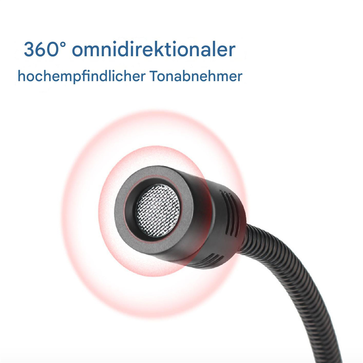 Ein schwarzes Mikrofon mit einem Mesh-Kopf und flexiblem Arm. Ein roter Halo umgibt das Mikrofon.