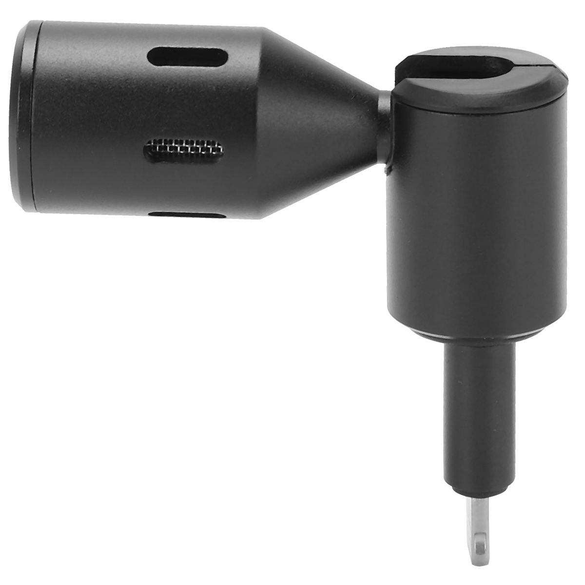 Schwarzer Mikrofonadapter. Er hat ein abgewinkeltes Design mit einem kleinen Loch und einer Metallspitze.