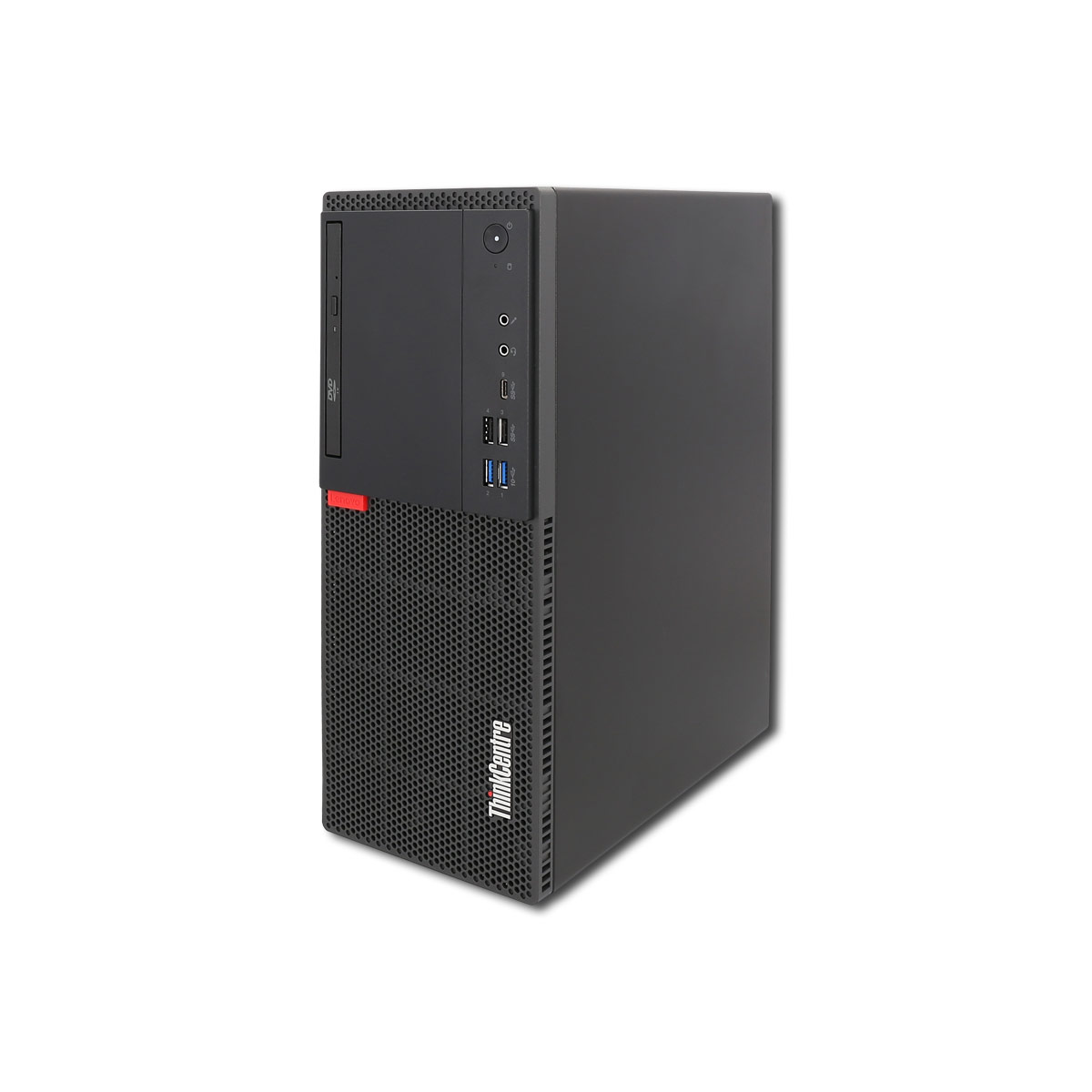 Schwarzer Desktop-Computer. Die Frontplatte hat DVD- und USB-Anschlüsse. Hintergrund: weiß.