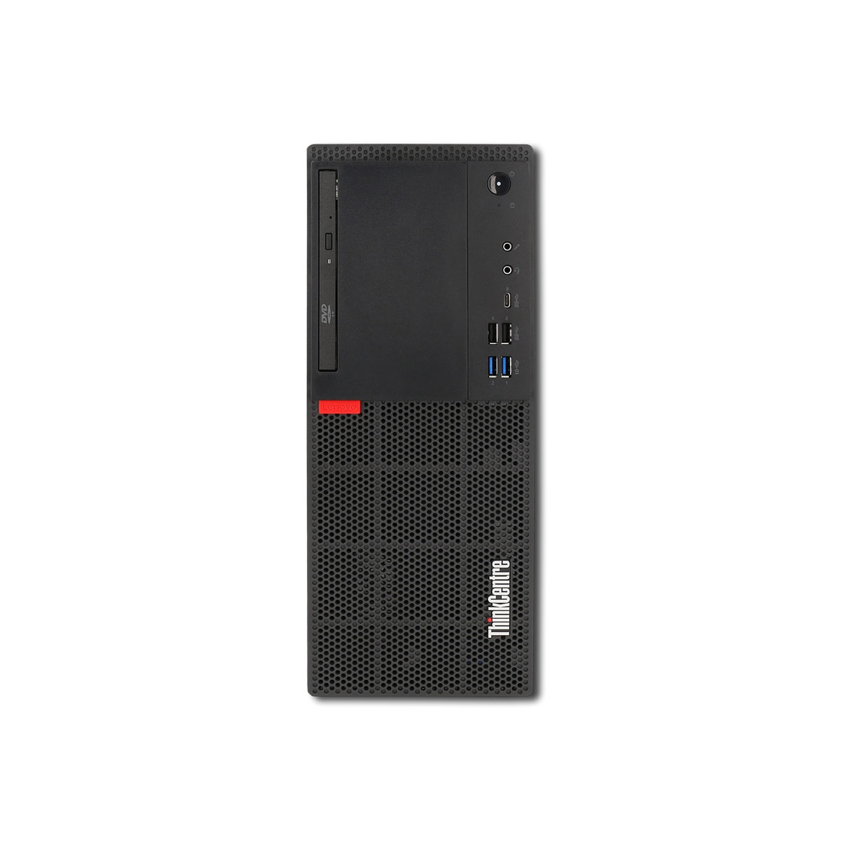 Ein schwarzer Lenovo ThinkCentre Computer-Tower. Es hat ein DVD-Laufwerk, USB-Anschlüsse und einen roten Akzent.