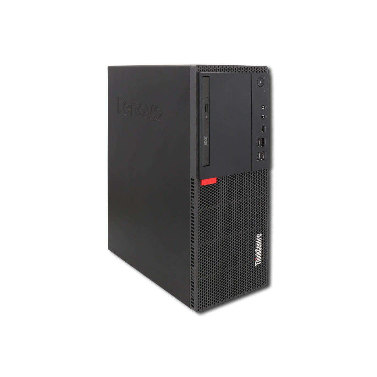 Ein schwarzer Lenovo Desktop-Computer mit dem ThinkCentre-Logo und einem roten Akzent.