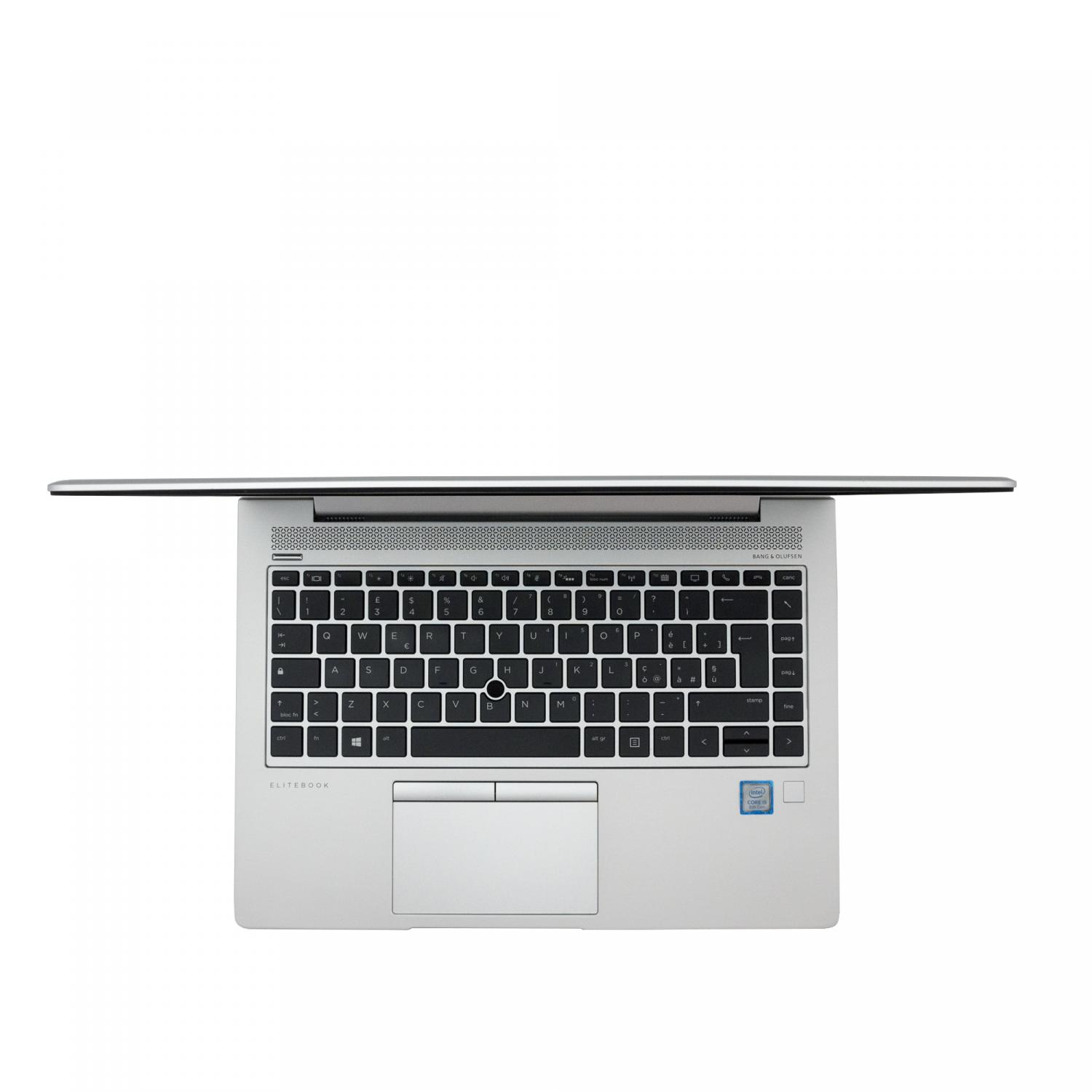 Laptop-Tastatur, silbernes Gehäuse. Geöffnet, Tastatur und Trackpad zeigend.