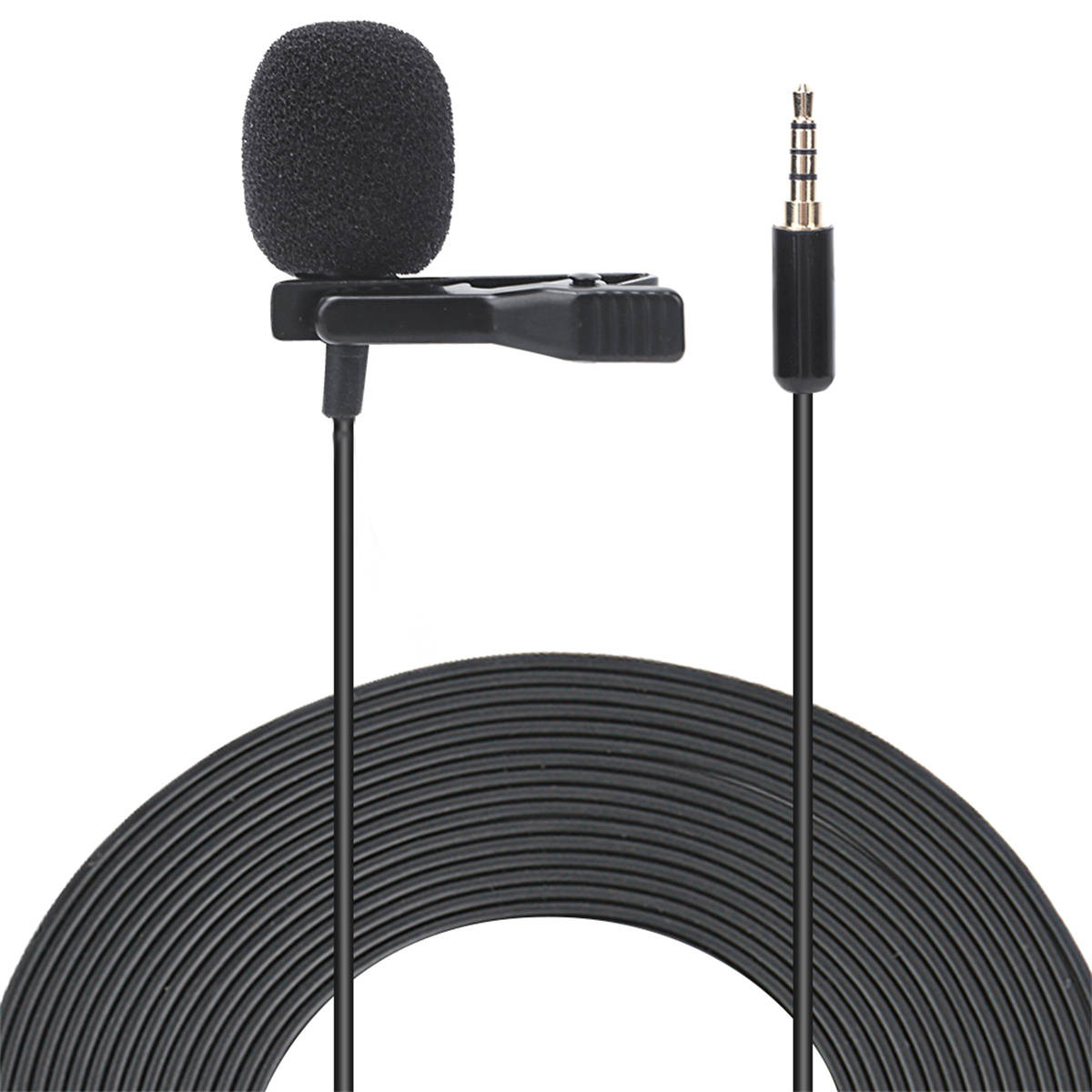 Schwarzes Ansteckmikrofon mit Clip und langem schwarzem Kabel. Das Kabel ist aufgerollt.
